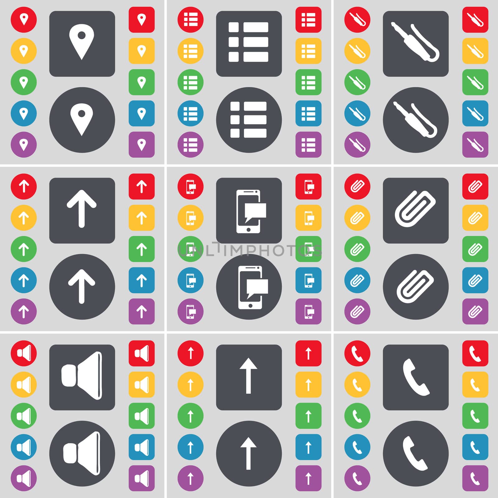 Checkpoint, List, Microphone connector, Arrow up, SMS, Clip, Sound, Arrow up, Receiver icon symbol. A large set of flat, colored buttons for your design. illustration