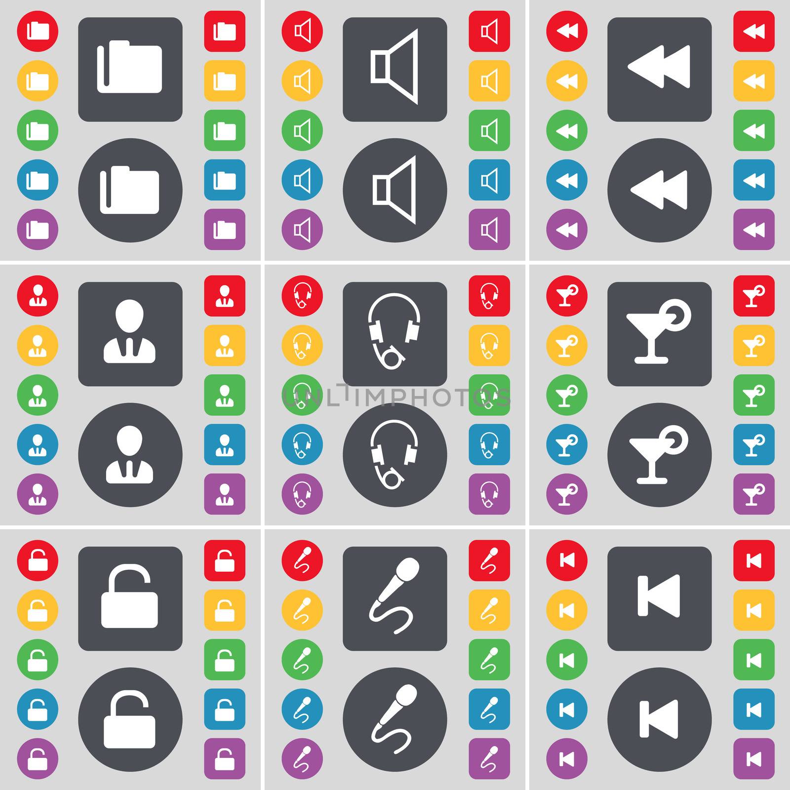 Folder, Sound, Rewind, Avatar, Headphones, Cocktail, Lock, Microphone, Media skip icon symbol. A large set of flat, colored buttons for your design.  by serhii_lohvyniuk