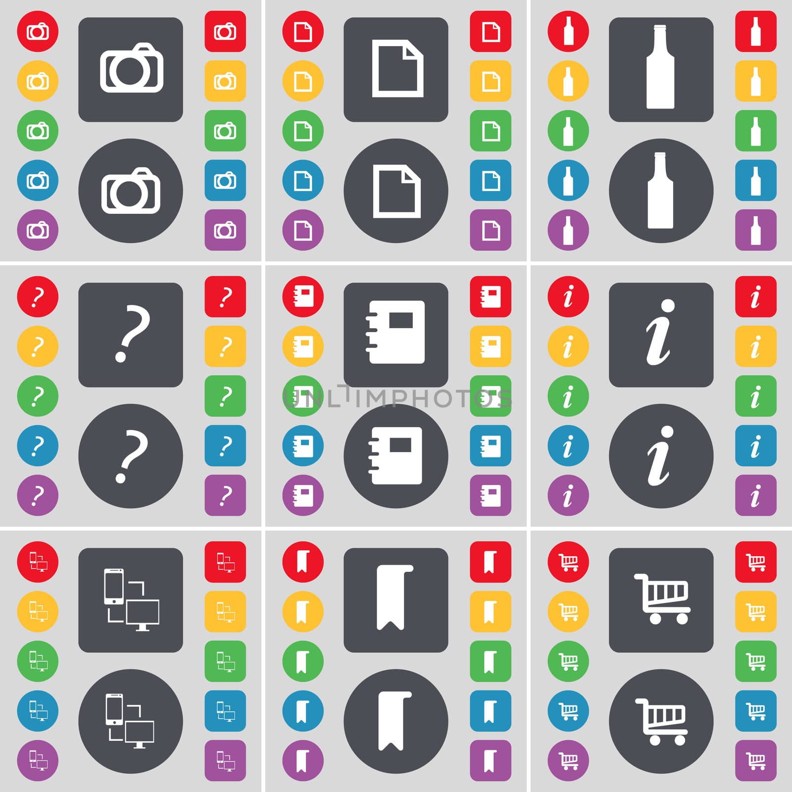 Camera, File, Bottle, Question mark, Notebook, Information, Connection, Marker, Shopping cart icon symbol. A large set of flat, colored buttons for your design. illustration