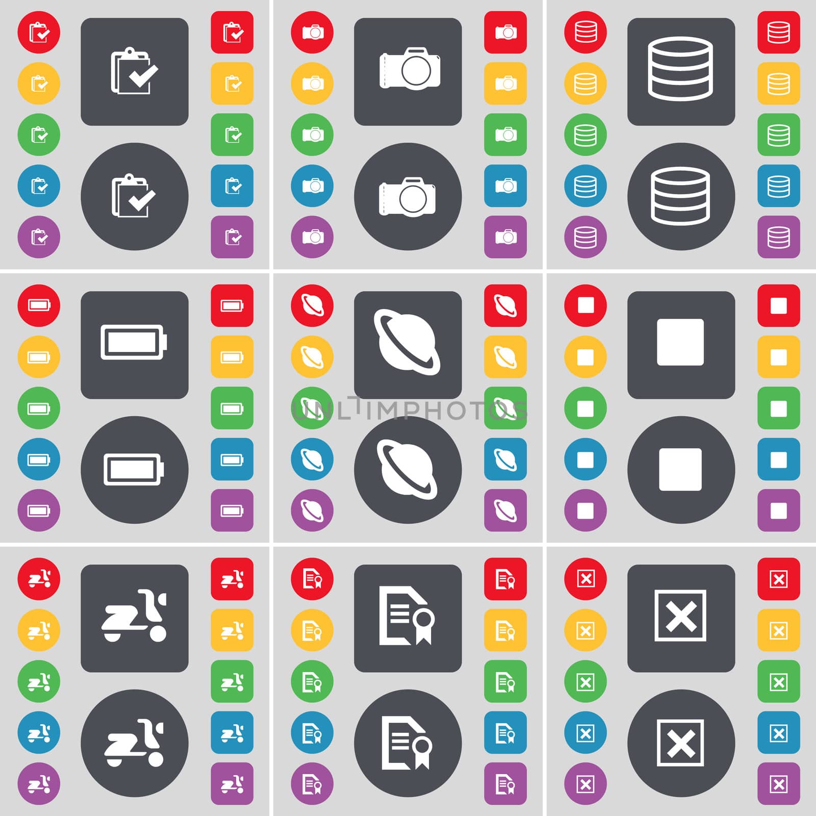Survey, Camera, Database, Battery, Planet, Media stop, Scooter, Text file, Stop icon symbol. A large set of flat, colored buttons for your design.  by serhii_lohvyniuk