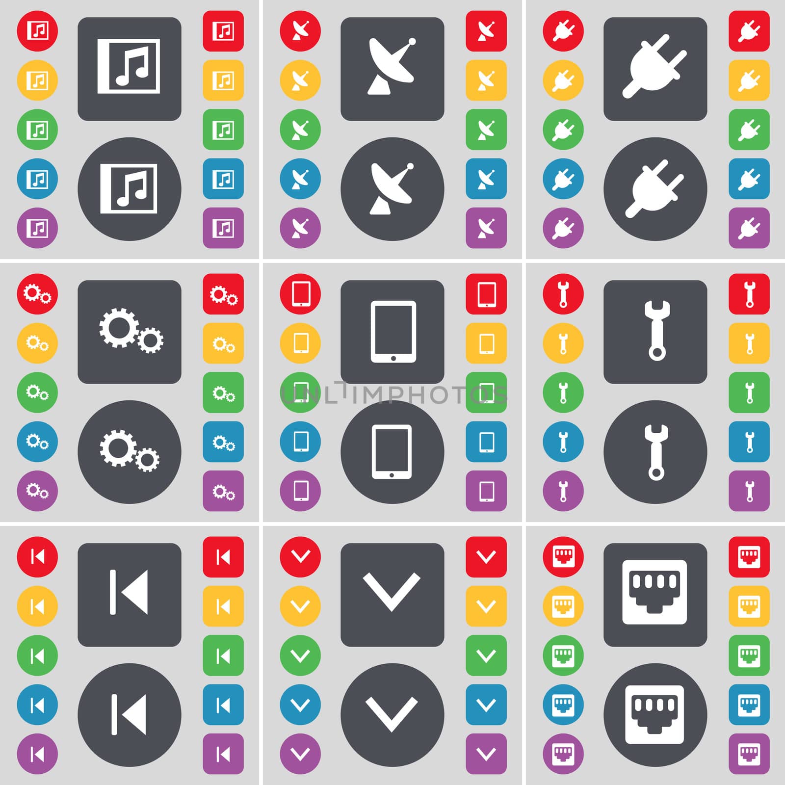 Music window, Satellite dish, Socket, Gear, Tablet PC, Wrench, Media skip, Arrow down, LAN socket icon symbol. A large set of flat, colored buttons for your design. illustration
