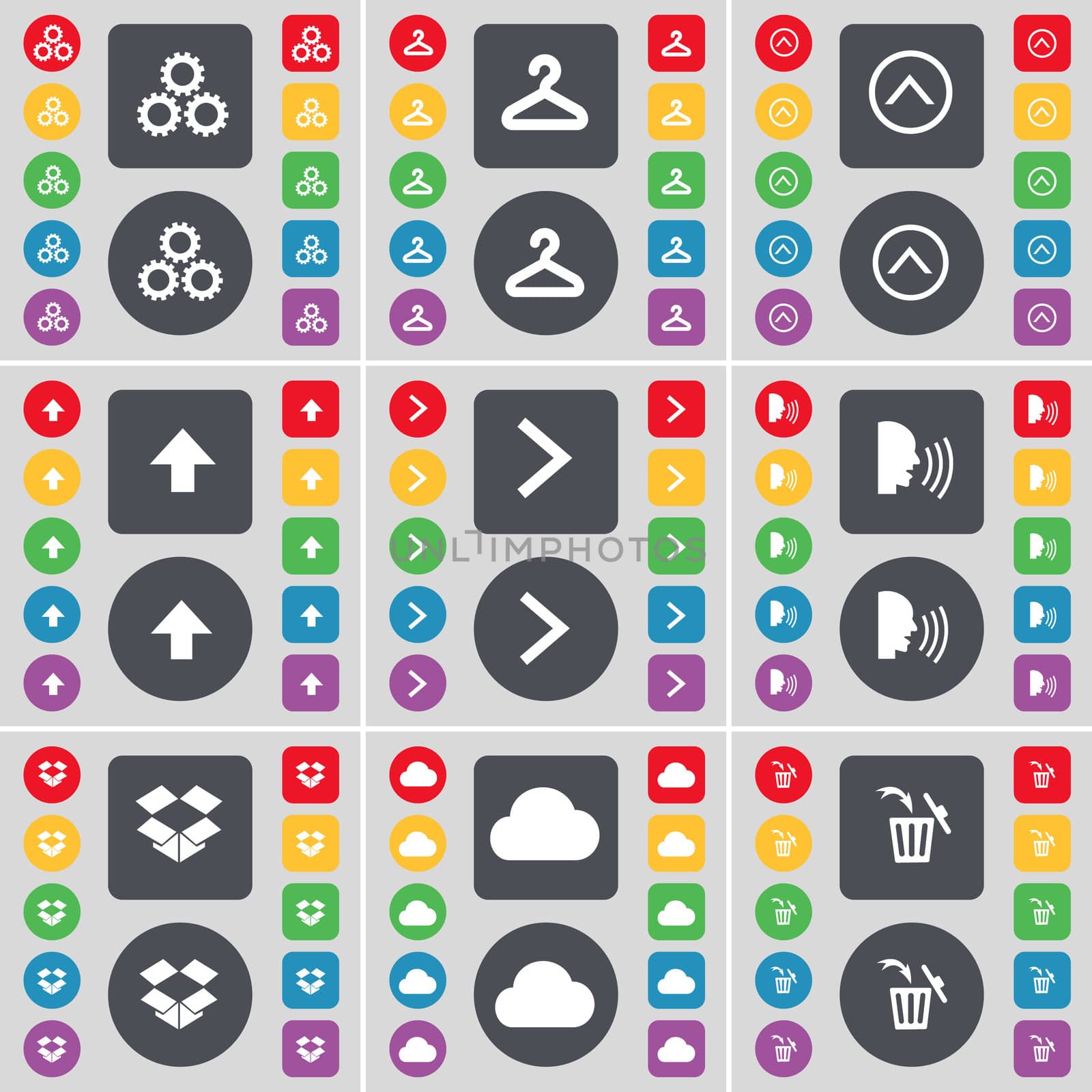 Gear, Hanger, Arrow up, Arrow right, Talk, Dropbox, Cloud, Trash can icon symbol. A large set of flat, colored buttons for your design.  by serhii_lohvyniuk
