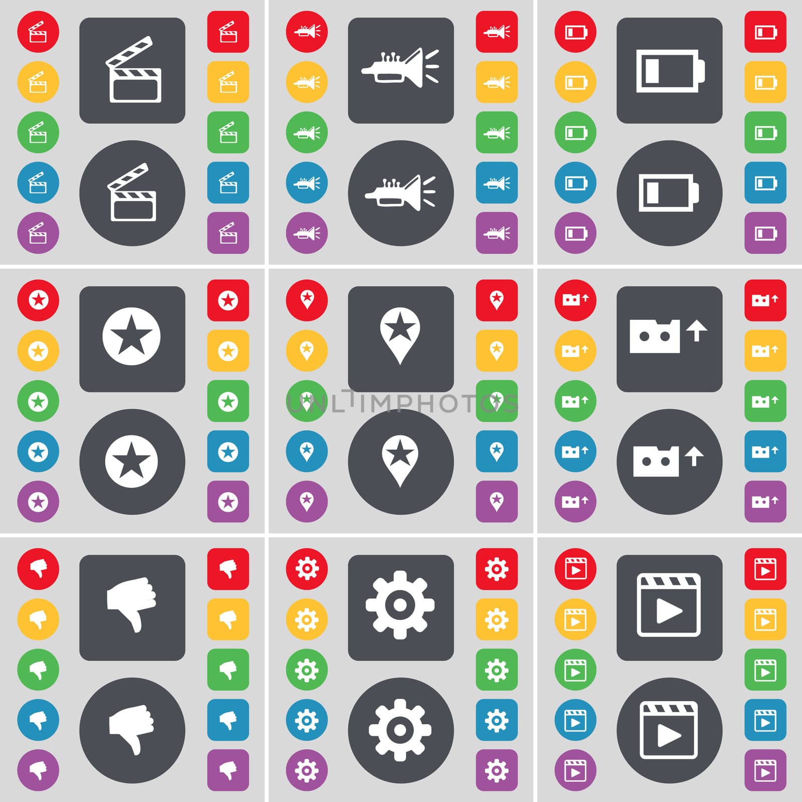 Clapper, Trumped, Battery, Star, Checkpoint, Cassette, Dislike, Gear, Media player icon symbol. A large set of flat, colored buttons for your design. illustration