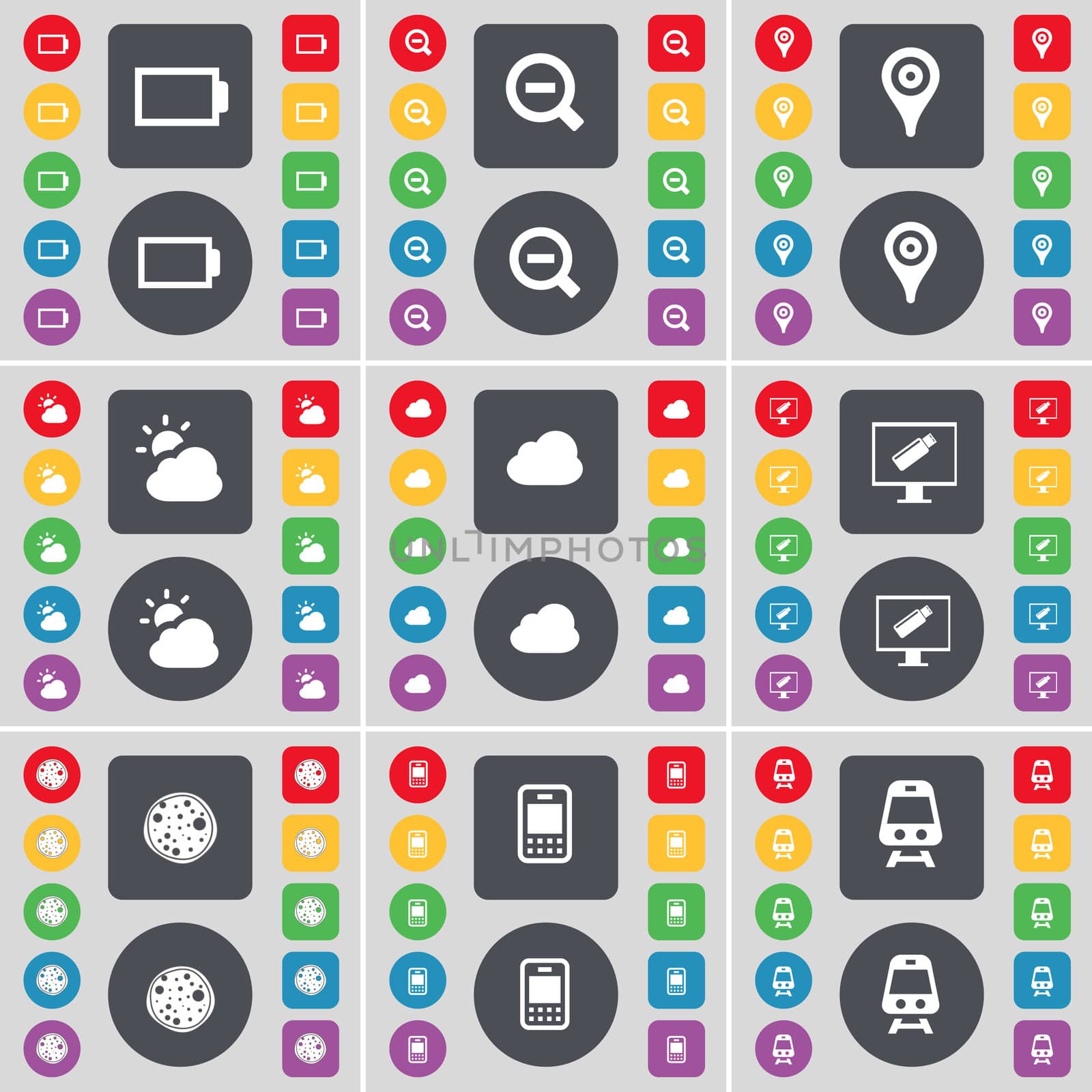 Battery, Magnifying glass, Checkpoint, Cloud, Monitor, Pizza, Mobile phone, Train icon symbol. A large set of flat, colored buttons for your design. illustration