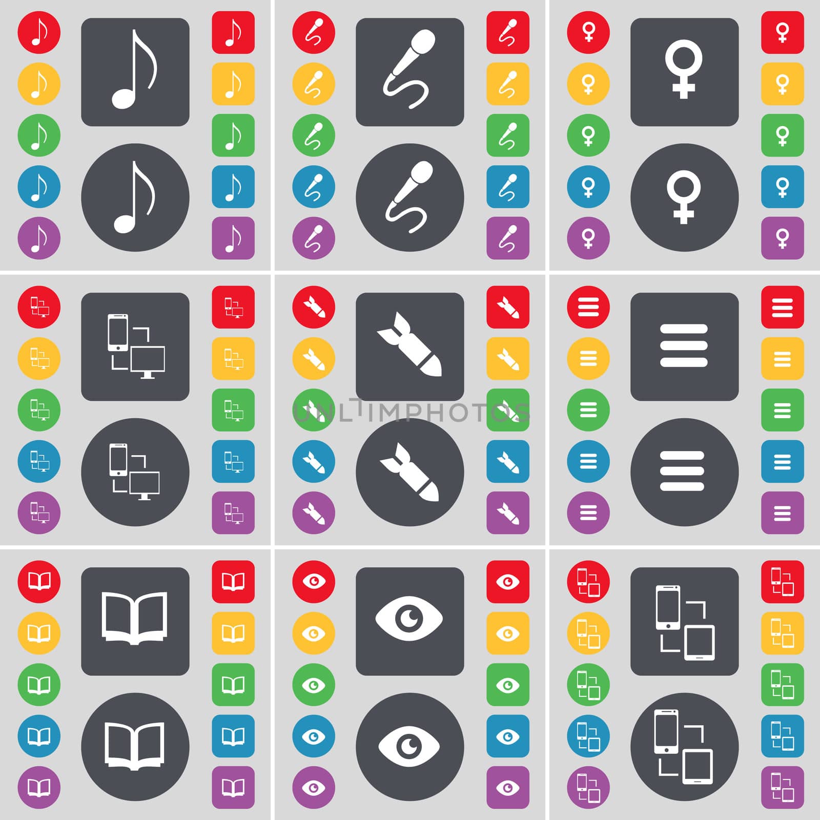 Note, Microphone, Venus symbol, Connection, Rocket, Apps, Book, Vision icon symbol. A large set of flat, colored buttons for your design.  by serhii_lohvyniuk