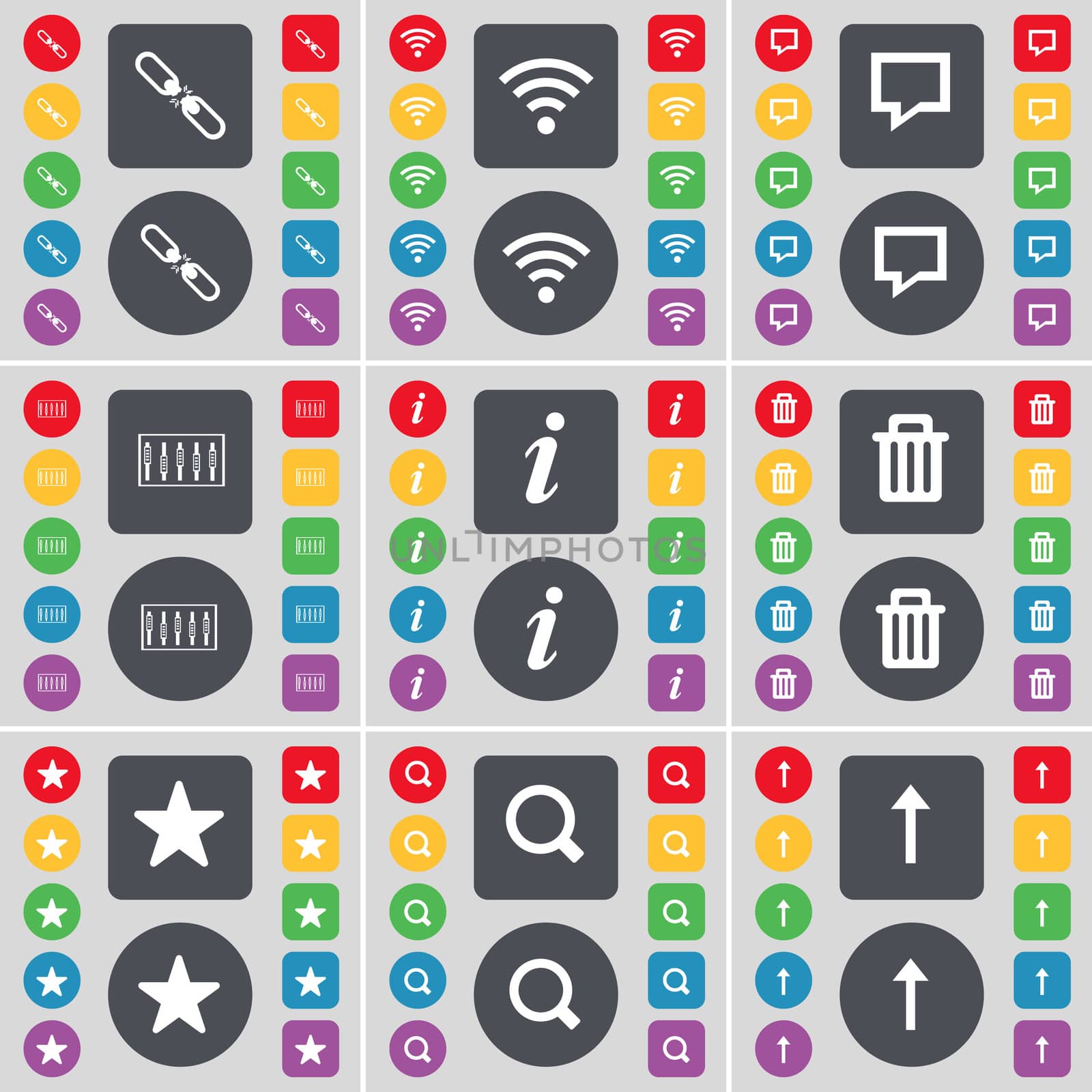 Link, Wi-Fi, Chat bubble, Equalizer, Information, Trash can, Star, Magnifying glass, Arrow up icon symbol. A large set of flat, colored buttons for your design. illustration
