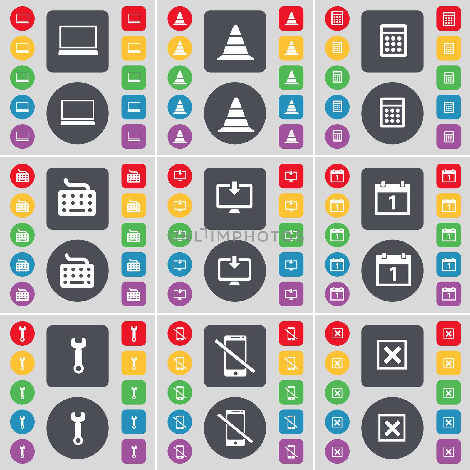 Laptop, Cone, Calculator, Keyboard, Monitor, Calculator, Wrench, Smartphone, Stop icon symbol. A large set of flat, colored buttons for your design. illustration