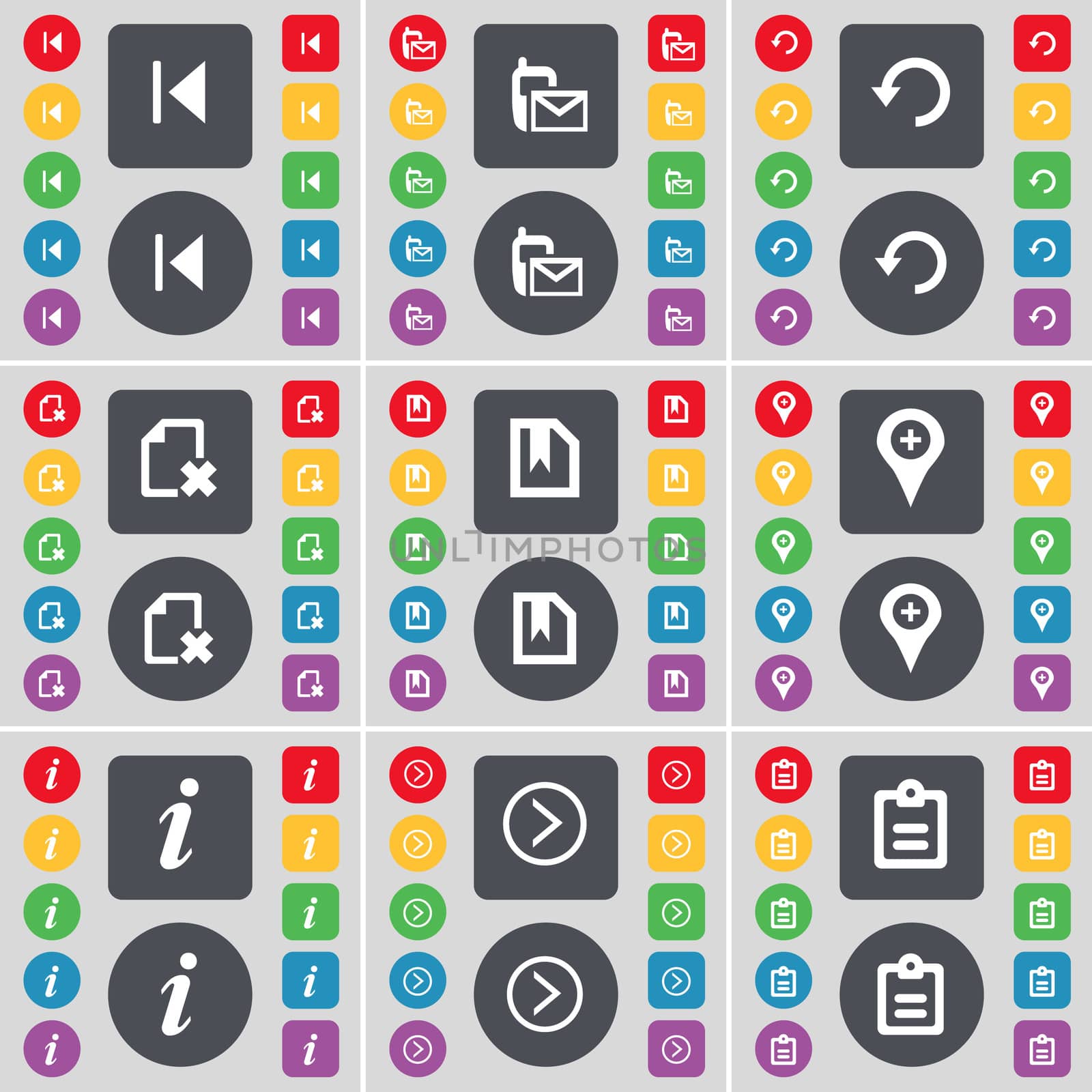 Media skip, SMS, Reload, File, Checkpoint, Information, Arrow right, Survey icon symbol. A large set of flat, colored buttons for your design. illustration