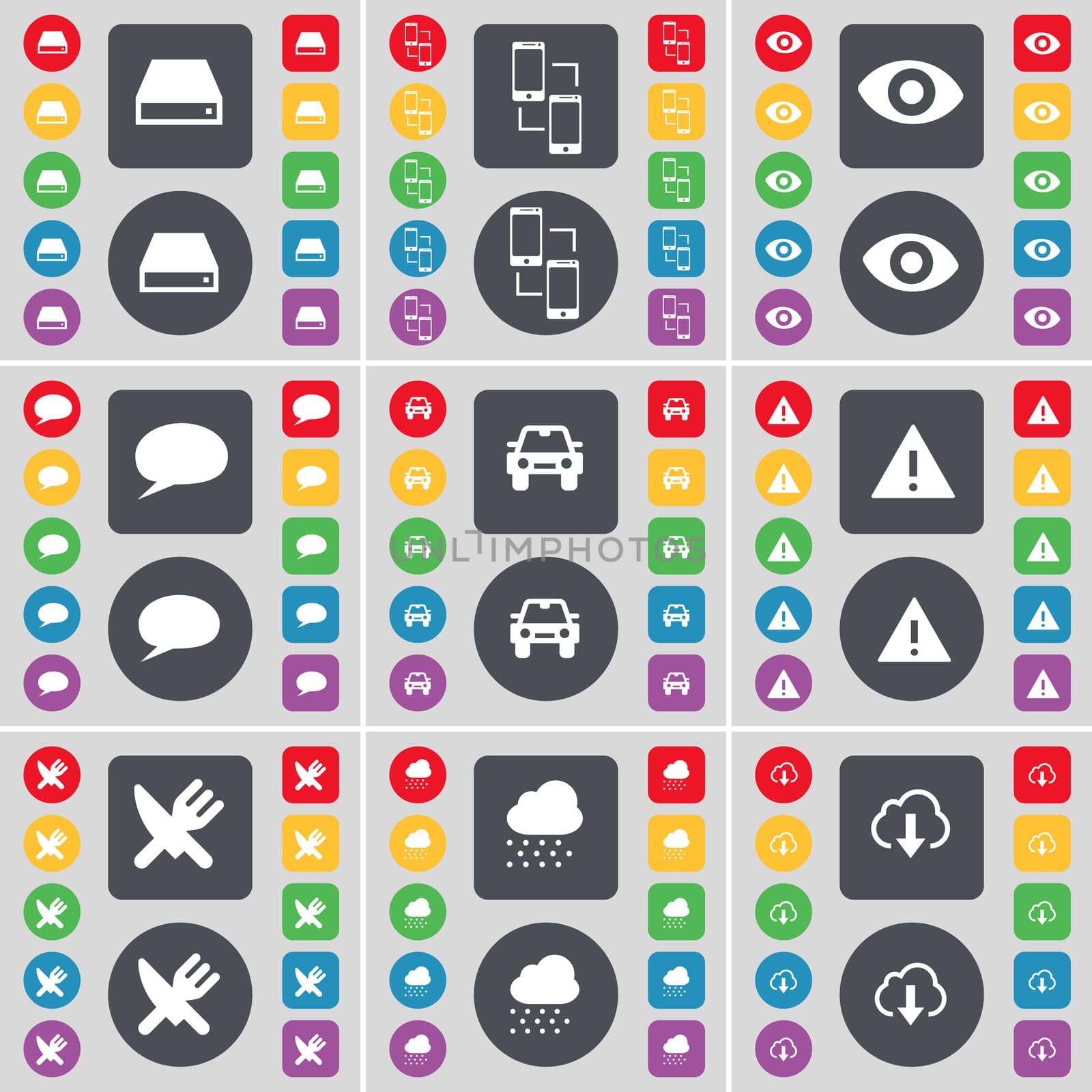 Hard drive, Connection, Vision, Chat bubble, Car, Warning, Fork and knife, Cloud icon symbol. A large set of flat, colored buttons for your design. illustration