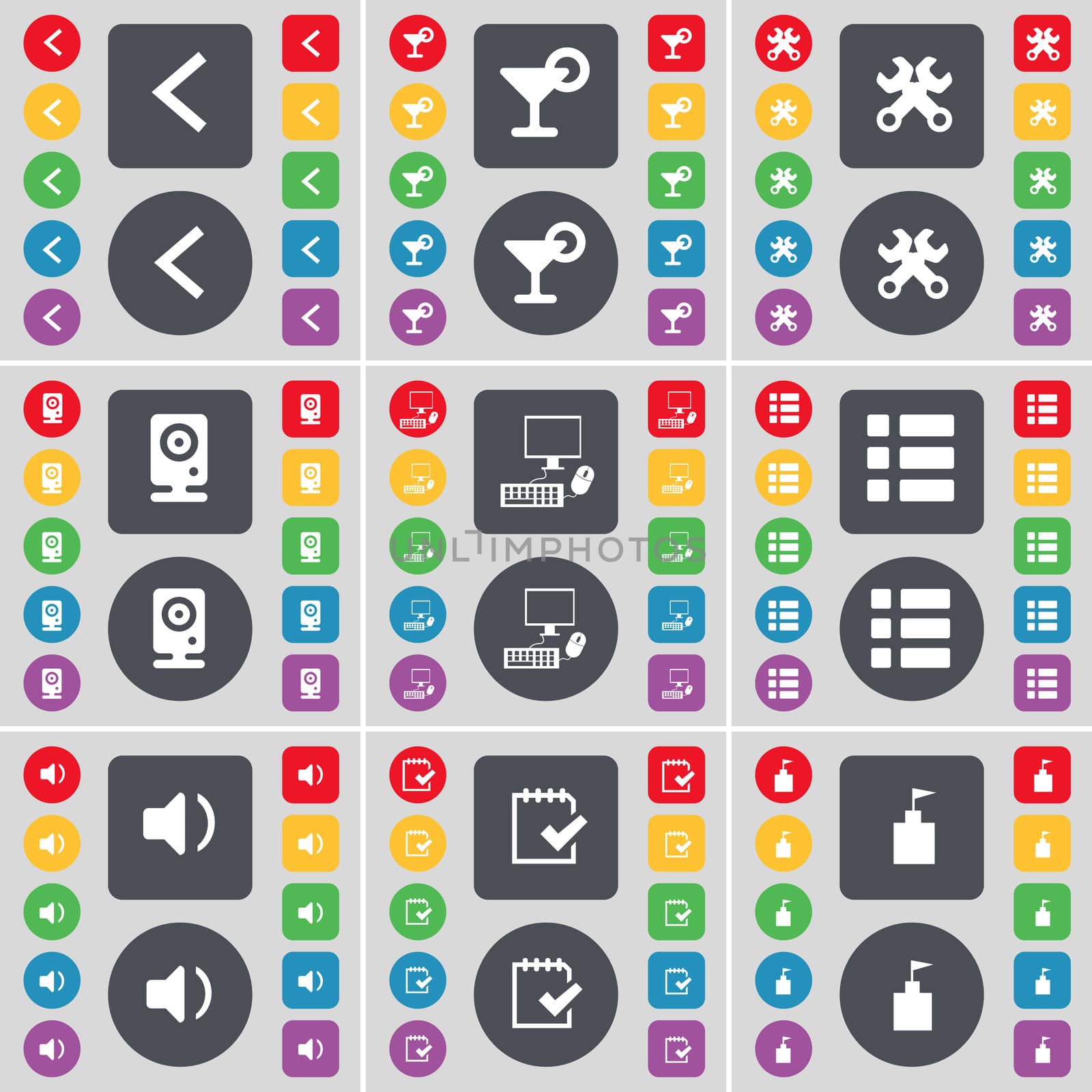 Arrow left, Cocktail, Wrench, Speaker, PC, List, Sound, Survey, Flag tower icon symbol. A large set of flat, colored buttons for your design.  by serhii_lohvyniuk