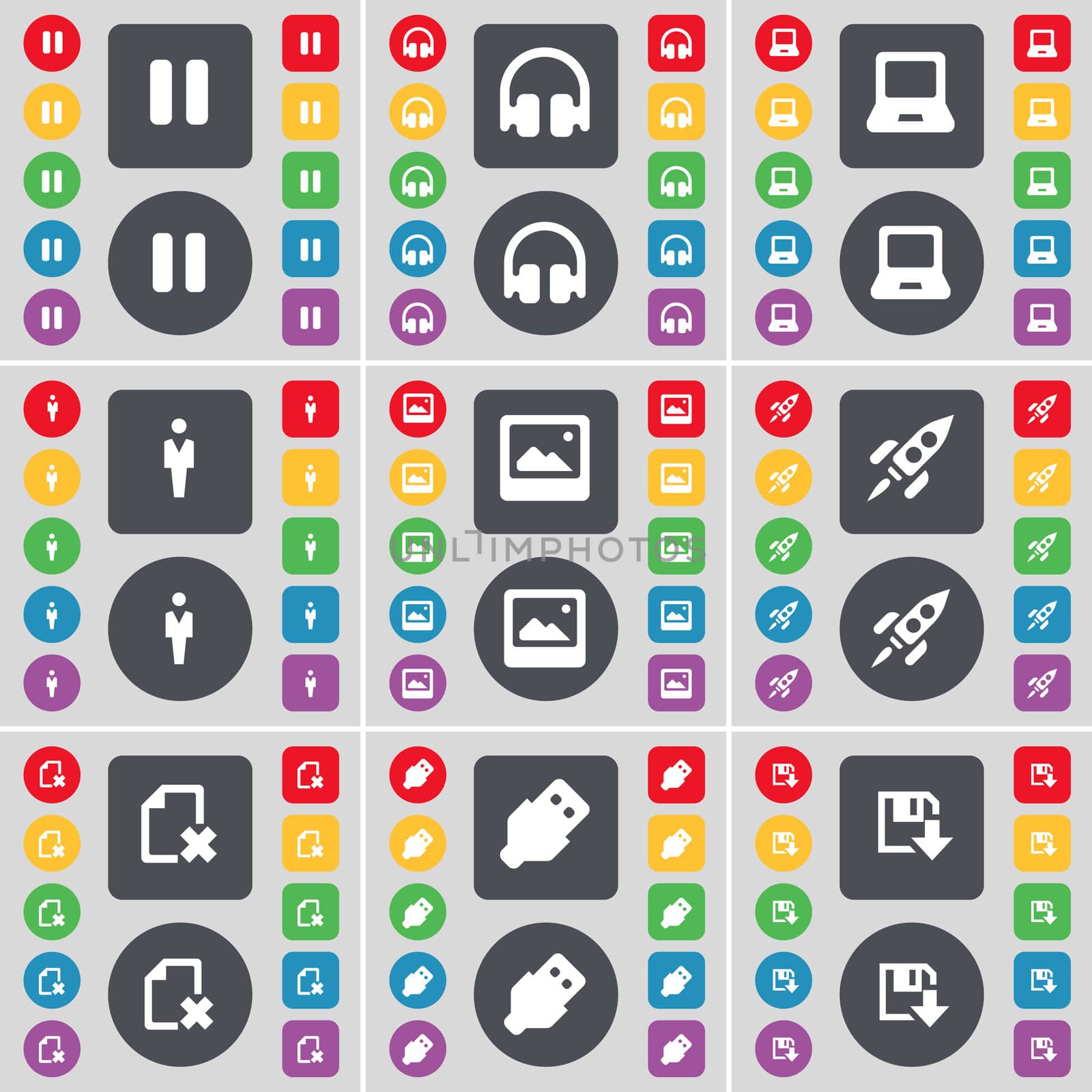 Pause, Headphones, Laptop, Silhouette, Window, Rocket, File, USB, Floppy icon symbol. A large set of flat, colored buttons for your design.  by serhii_lohvyniuk