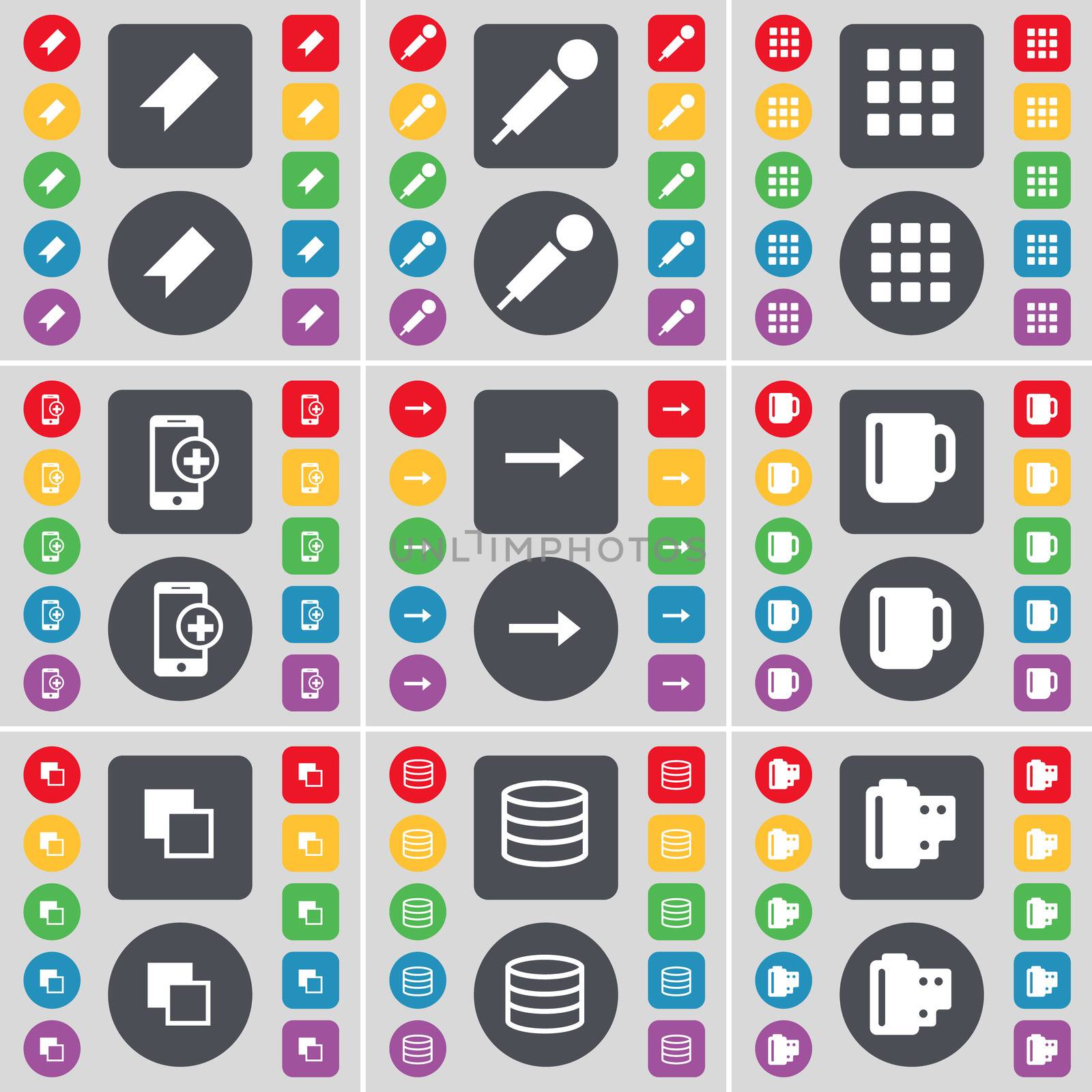 Marker, Microphone, Apps, Smartphone, Arrow right, Cup, Copy, Database, Negative films icon symbol. A large set of flat, colored buttons for your design. illustration