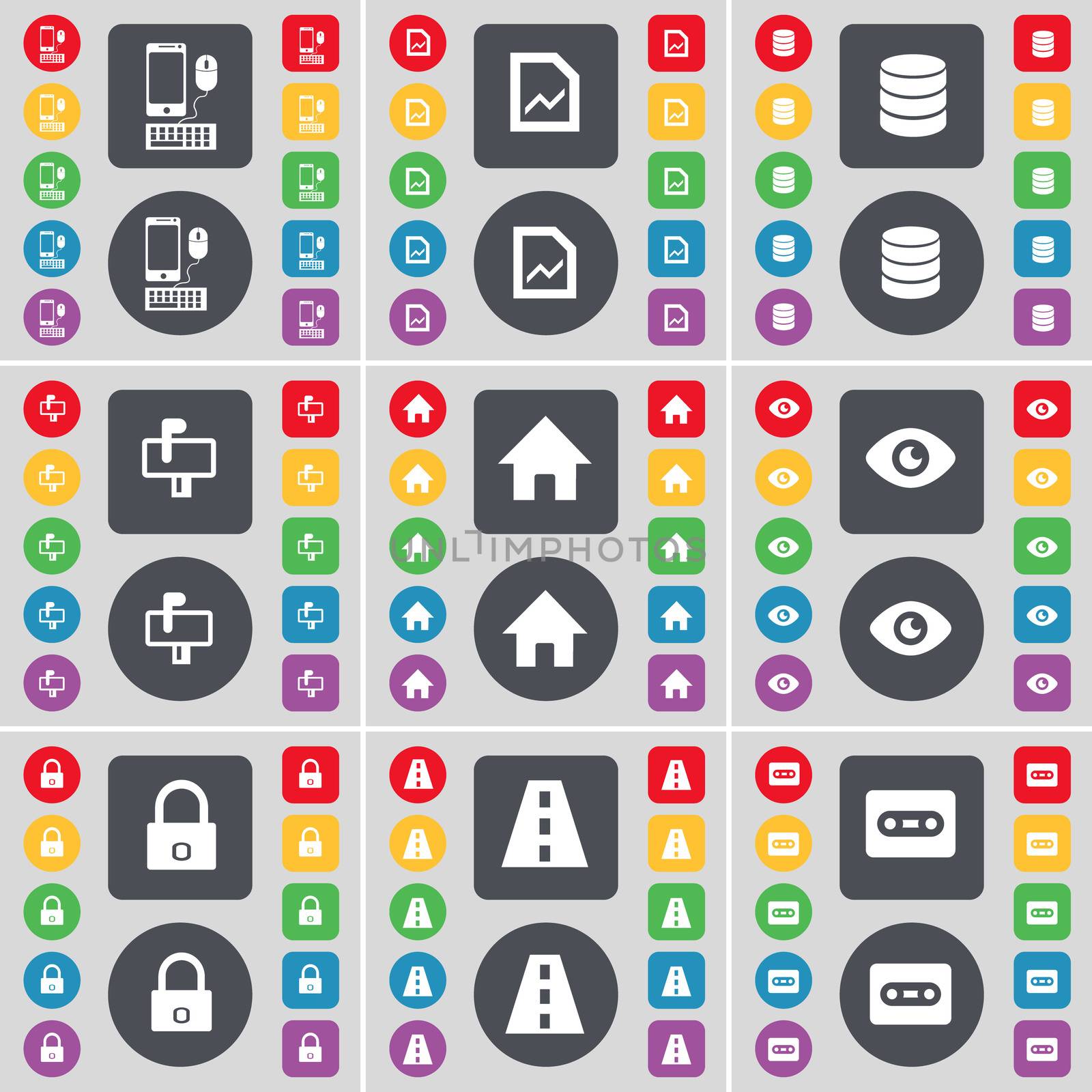 Smartphone, Graph file, Database, Mailbox, House, Vision, Lock, Road, Cassette icon symbol. A large set of flat, colored buttons for your design. illustration
