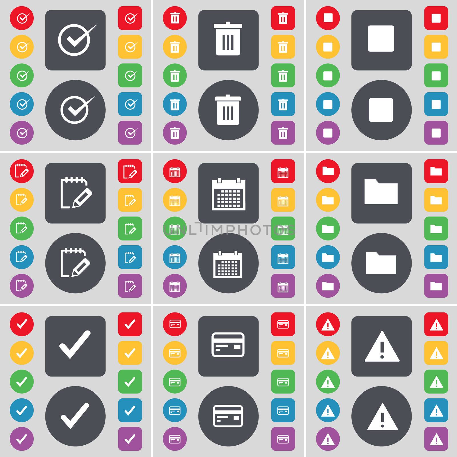 Tick, Trash can, Media stop, Notebook, Calendar, Folder, Tick, Credit card, Warning icon symbol. A large set of flat, colored buttons for your design. illustration