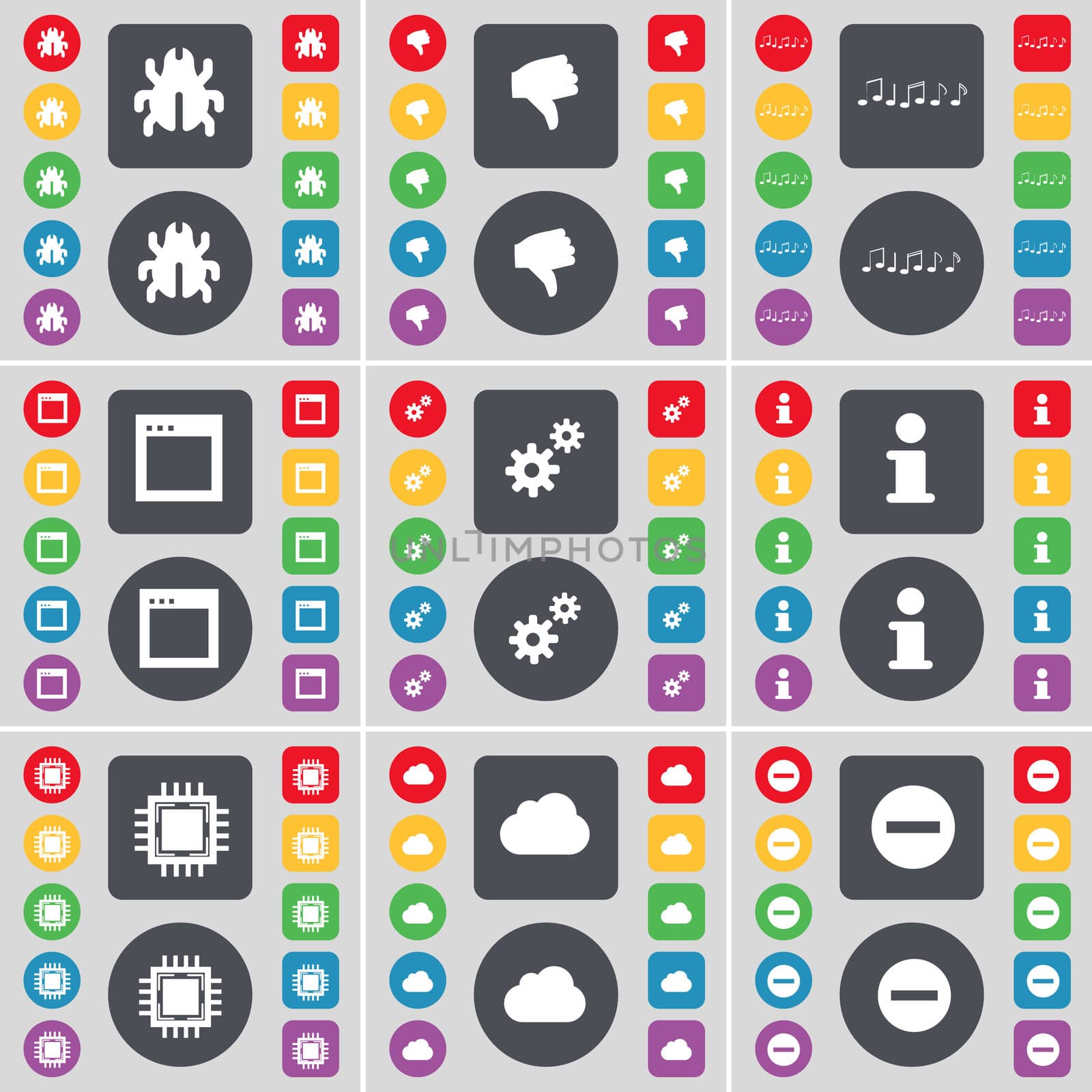 Bug, Dislike, Note, Window, Gear, Information, Processor, Cloud, Minus icon symbol. A large set of flat, colored buttons for your design. illustration
