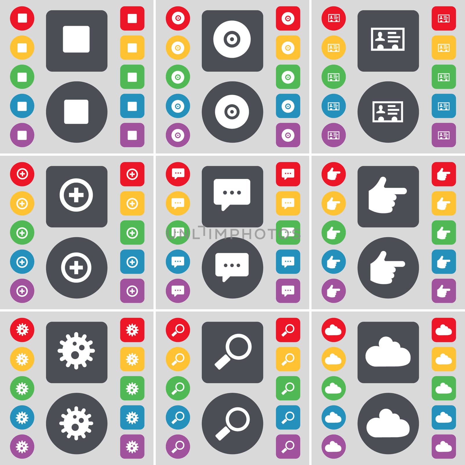 Media stop, Disk, Contact, Plus, Chat bubble, Hand, Gear, Magnifying glass, Cloud icon symbol. A large set of flat, colored buttons for your design. illustration