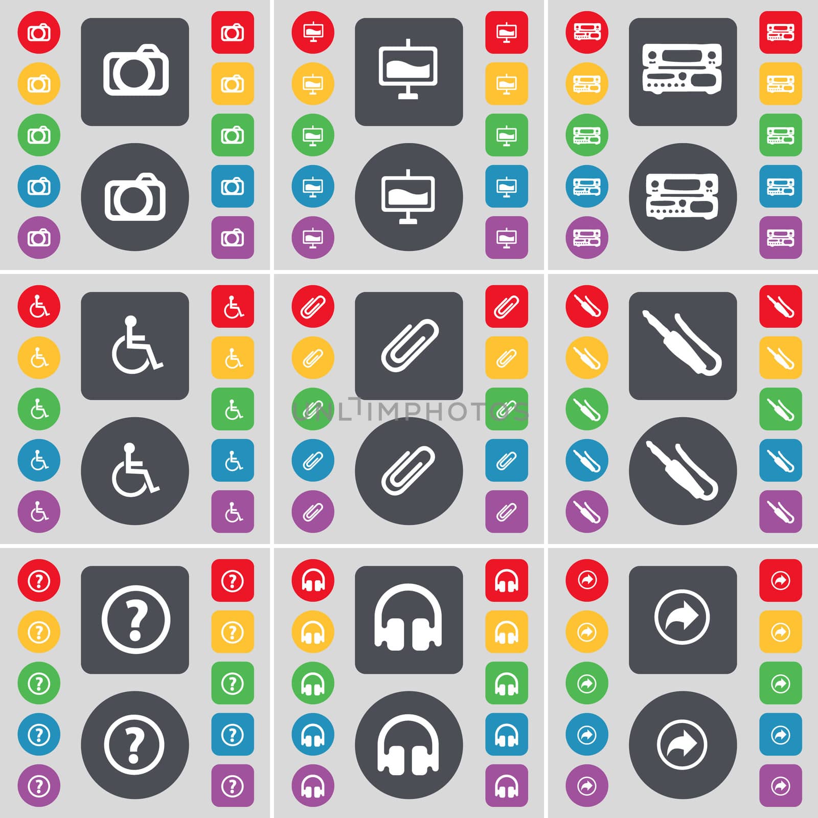 Camera, Graph, Record-player, Disabled person, Clip, Microphone connector, Question mark, Headphones, Back icon symbol. A large set of flat, colored buttons for your design. illustration