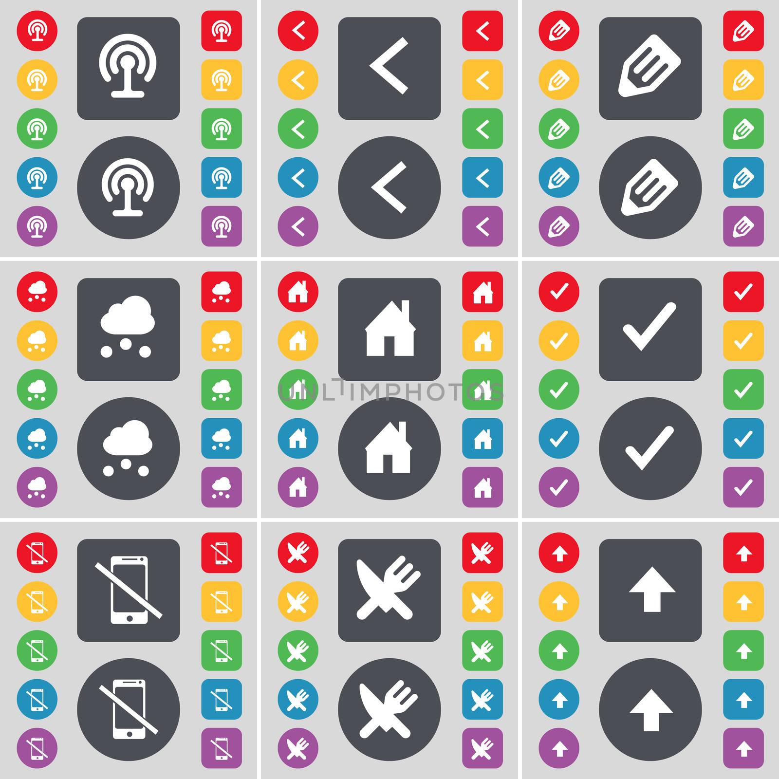 Wi-Fi, Arrow left, Pencil, Cloud, House, Tick, Smartphone, Fork and knife, Arrow up icon symbol. A large set of flat, colored buttons for your design. illustration