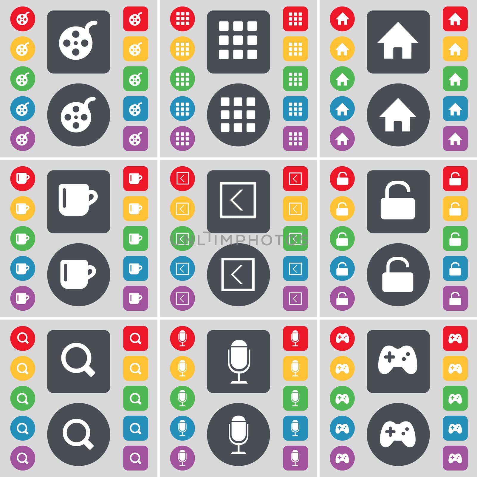 Videotape, Apps, House, Cup, Arrow left, Lock, Magnifying glass, Microphone, Gamepad icon symbol. A large set of flat, colored buttons for your design. illustration