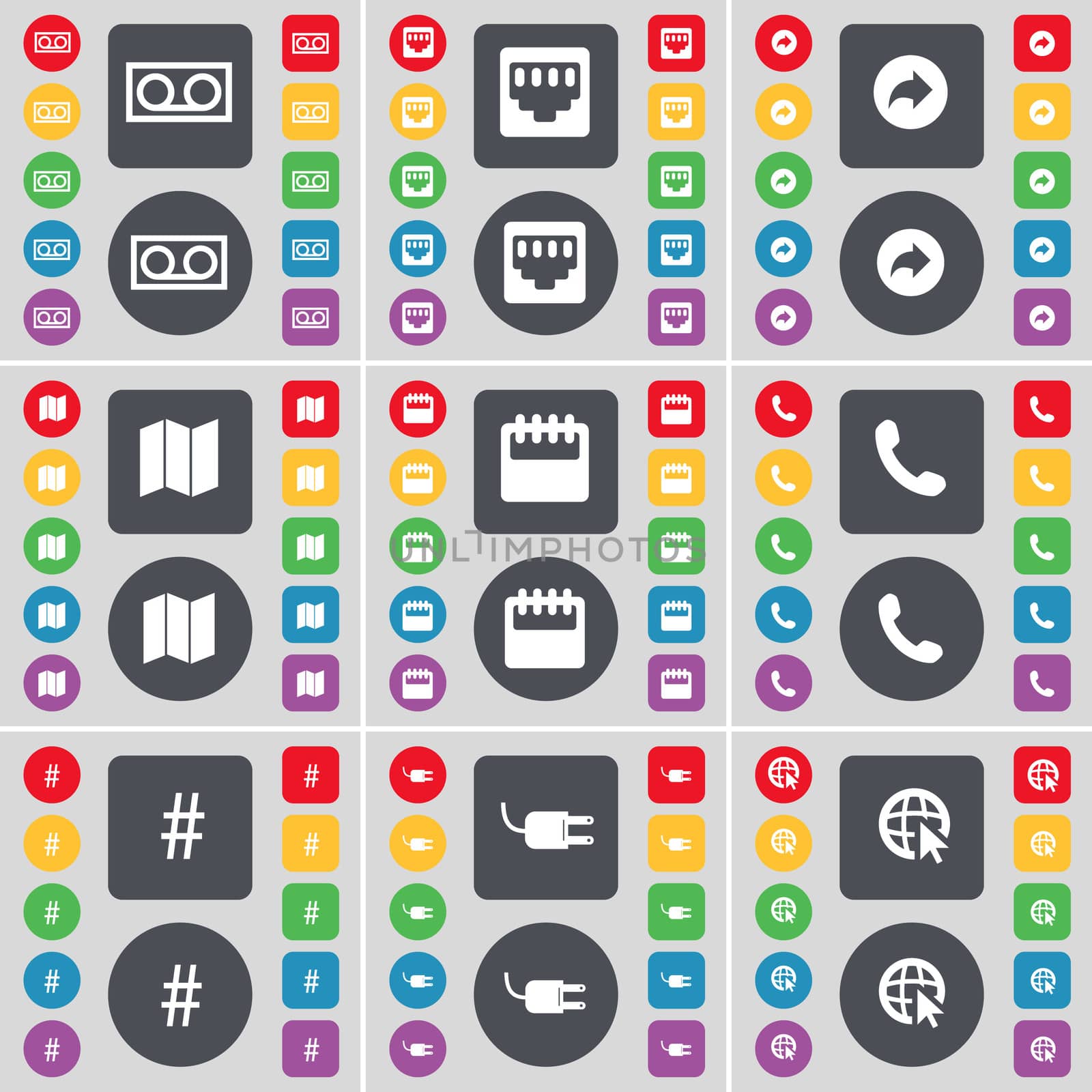Cassette, LAN socket, Back, Mail, Calendar, Receiver, Hashtag, Socket, Web cursor icon symbol. A large set of flat, colored buttons for your design.  by serhii_lohvyniuk