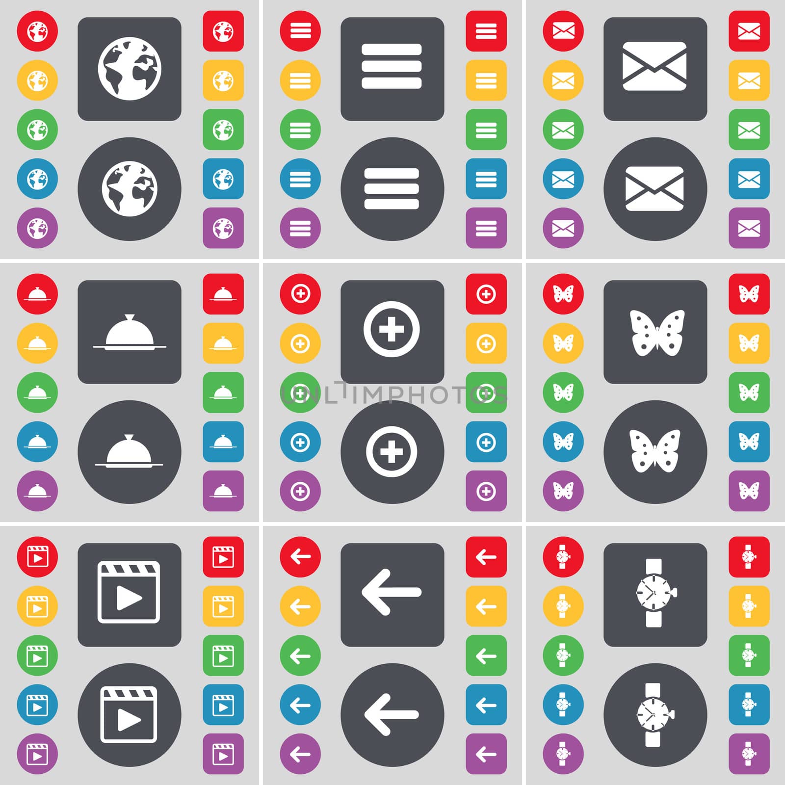 Earth, Apps, Message, Tray, Plus, Buttery, Media player, Arrow left, Wrist watch icon symbol. A large set of flat, colored buttons for your design.  by serhii_lohvyniuk