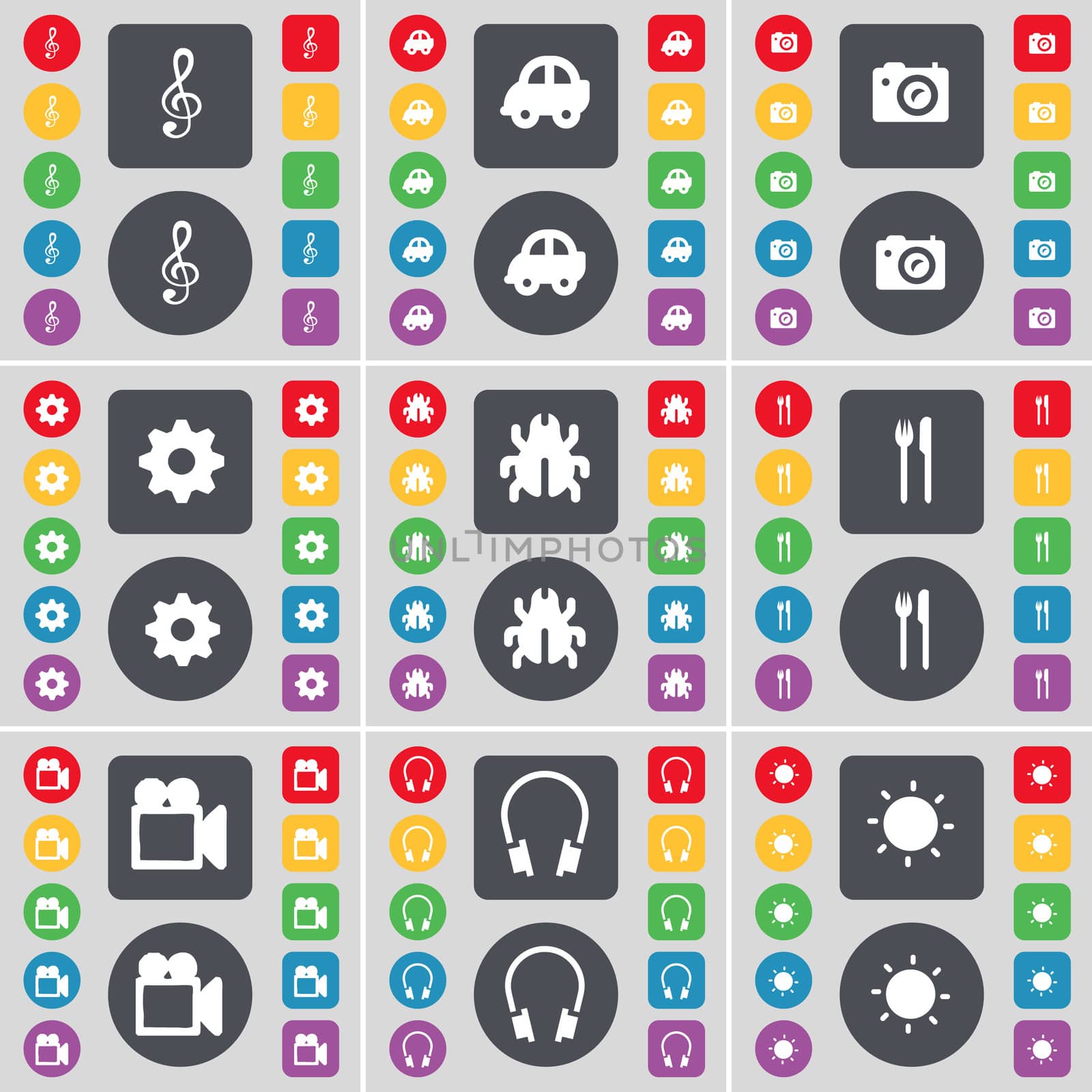 Clef, Car, Camera, Gear, Bug, Fork and knife, Film camera, Headphone, Light icon symbol. A large set of flat, colored buttons for your design. illustration