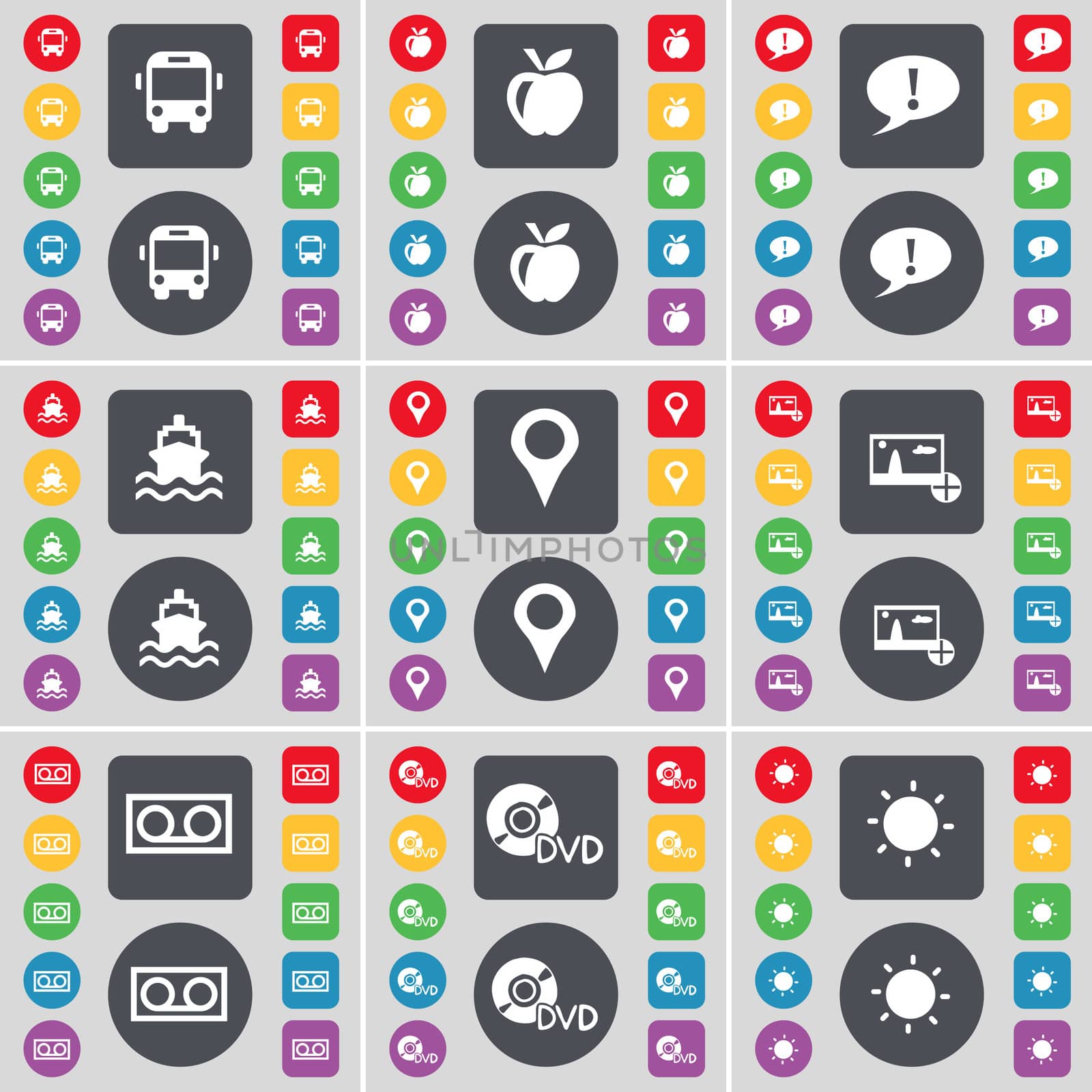 Bus, Apps, Chat bubble, Ship, Checkpoint, Picture, Cassette, DVD, Light icon symbol. A large set of flat, colored buttons for your design. illustration