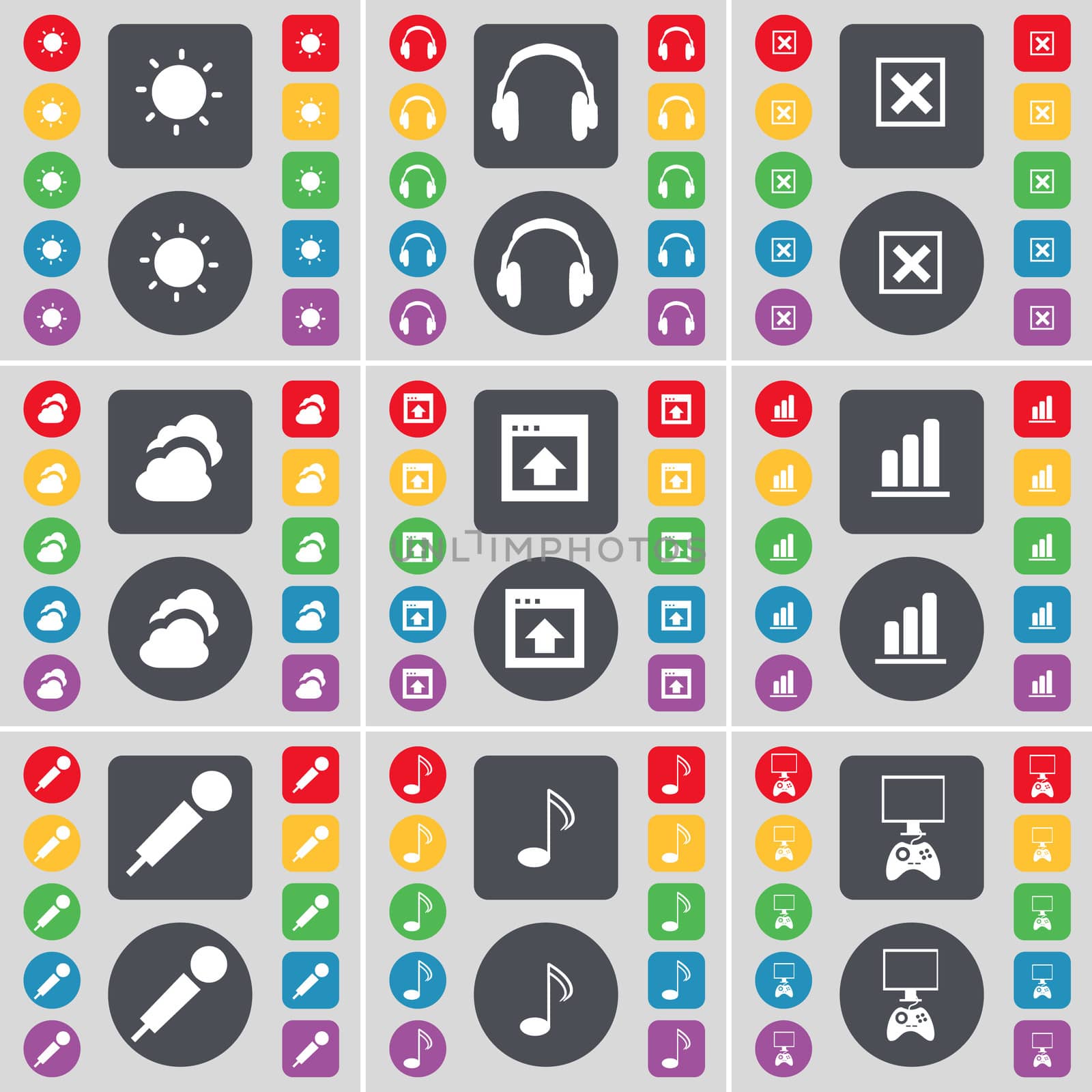 Light, Headphones, Stop, Cloud, Window, Diagram, Microphone, Note, Game console icon symbol. A large set of flat, colored buttons for your design. illustration