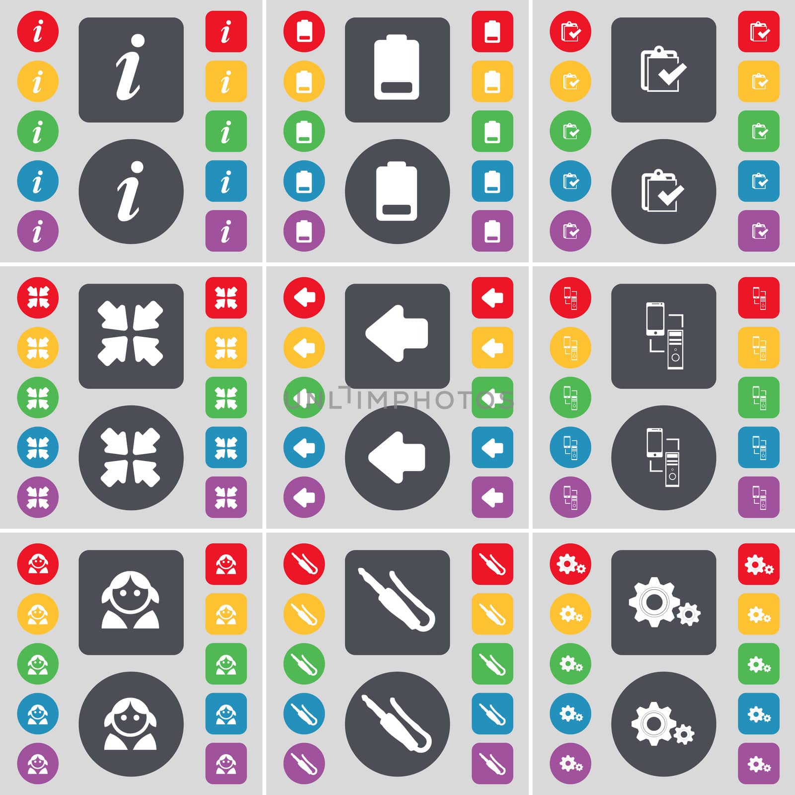 Information, Battery, Survey, Deploying screen, Arrow left, Connection, Avatar, Microphone connector, Gear icon symbol. A large set of flat, colored buttons for your design.  by serhii_lohvyniuk