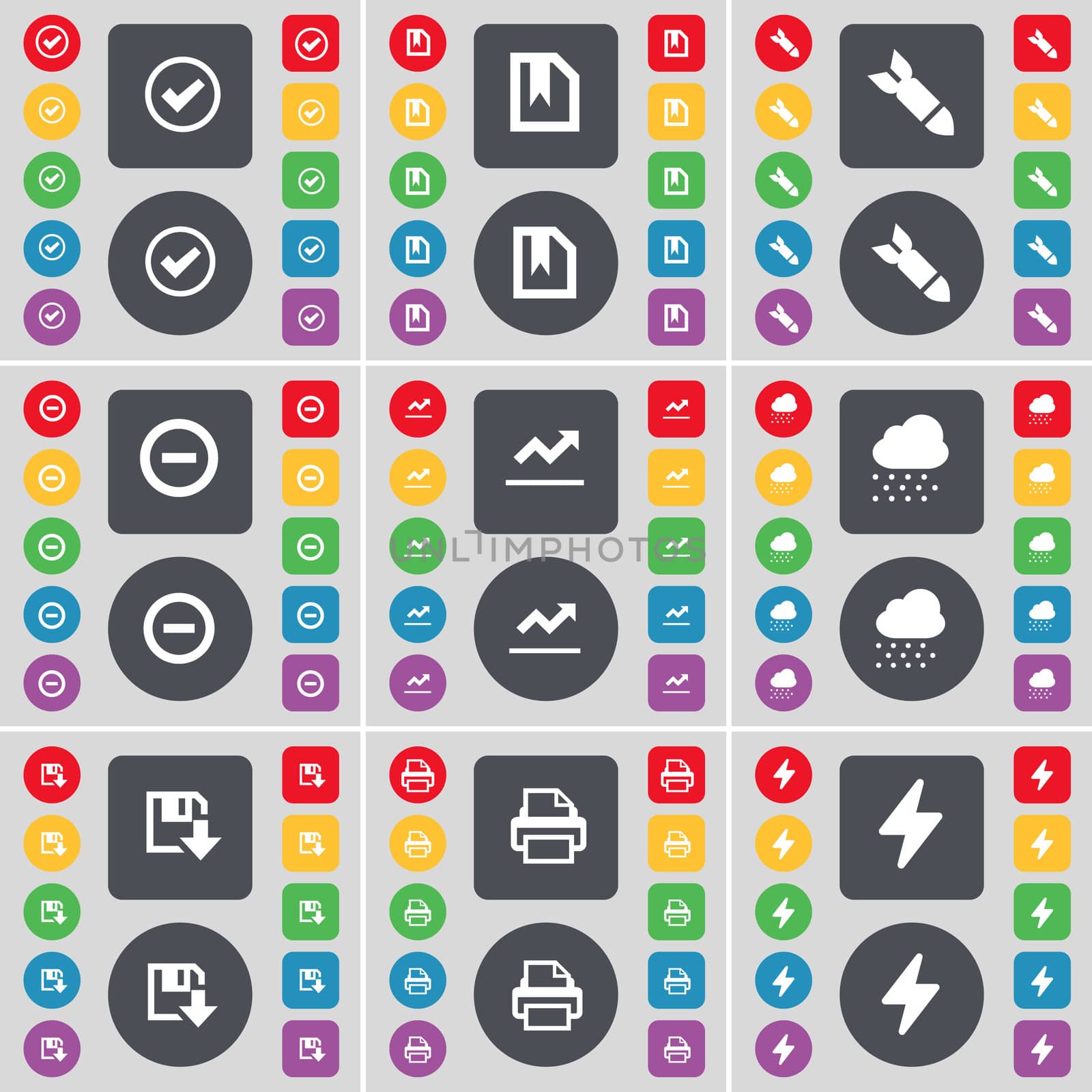 Tick, File, Rocket, Minus, Graph, Cloud, Floppy, Printer, Flash icon symbol. A large set of flat, colored buttons for your design.  by serhii_lohvyniuk