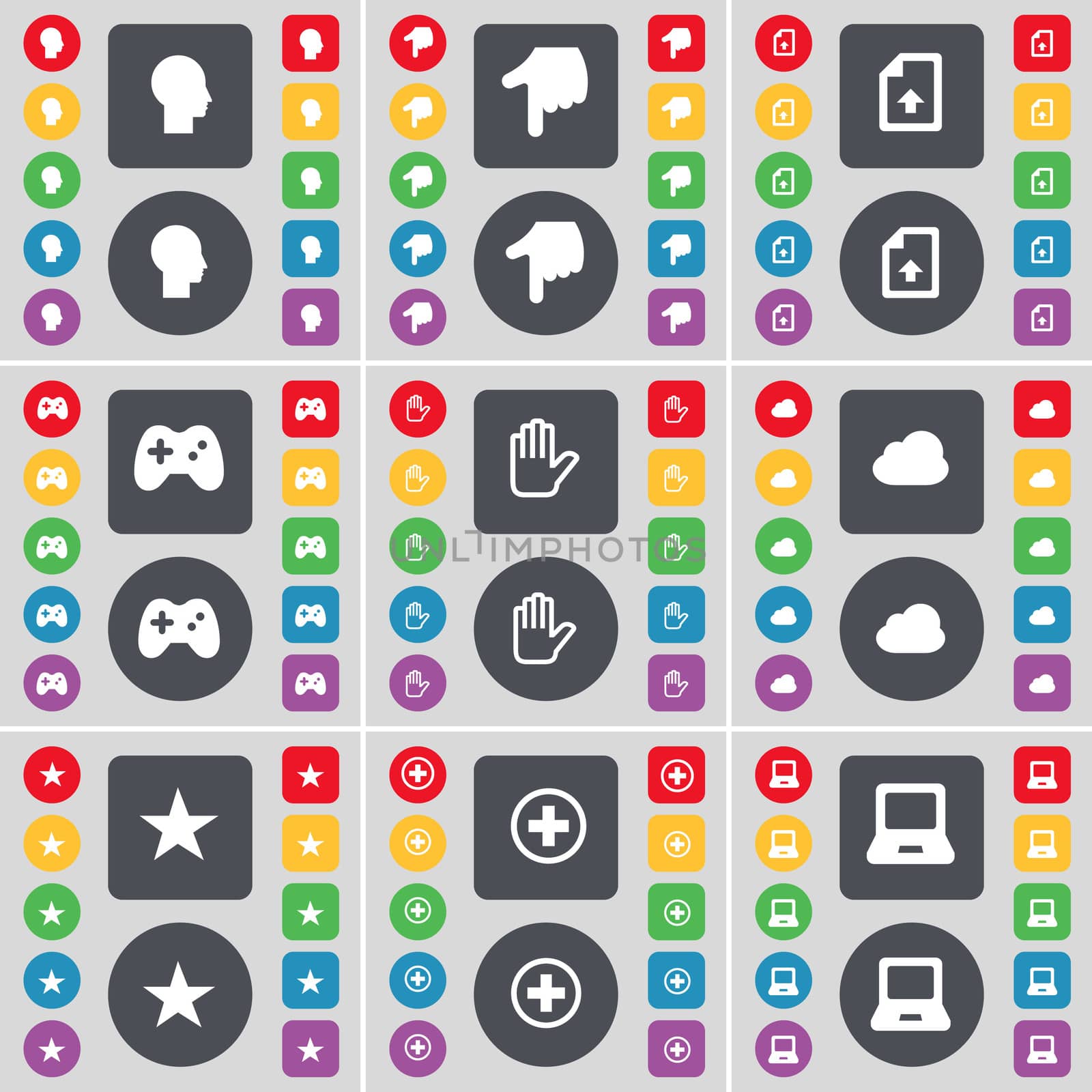 Silhouette, Hand, Upload file, Gamepad, Hand, Cloud, Star, Plus, Laptop icon symbol. A large set of flat, colored buttons for your design.  by serhii_lohvyniuk