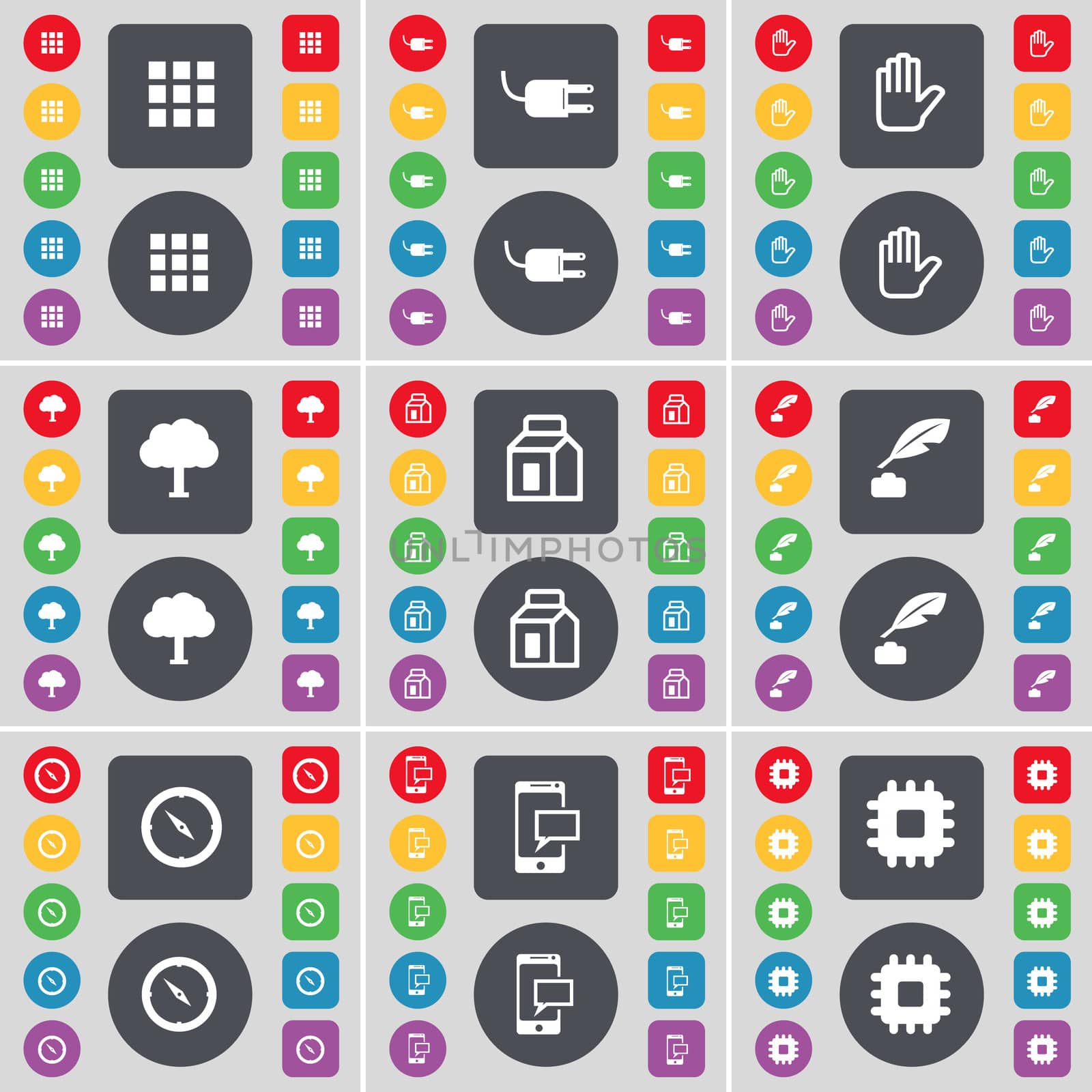 Apps, Socket, Hand, Tree, Packing, Ink pot, Compass, SMS, Processor icon symbol. A large set of flat, colored buttons for your design. illustration