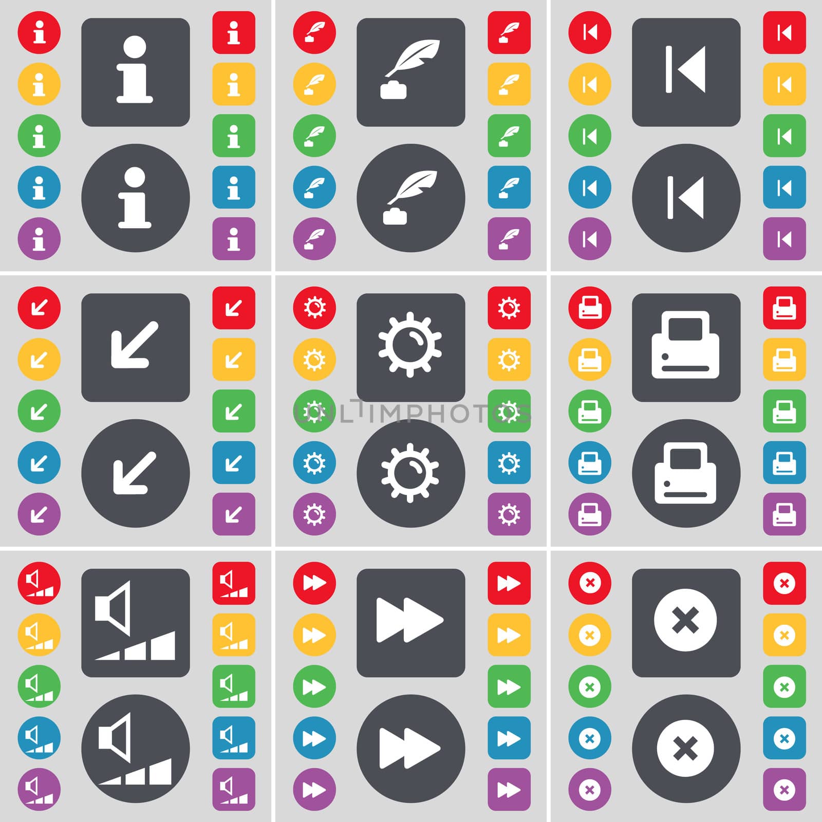 Information, Ink pot, Media skip, Deploying screen, Gear, Printer, Volume, Rewind, Stop icon symbol. A large set of flat, colored buttons for your design. illustration