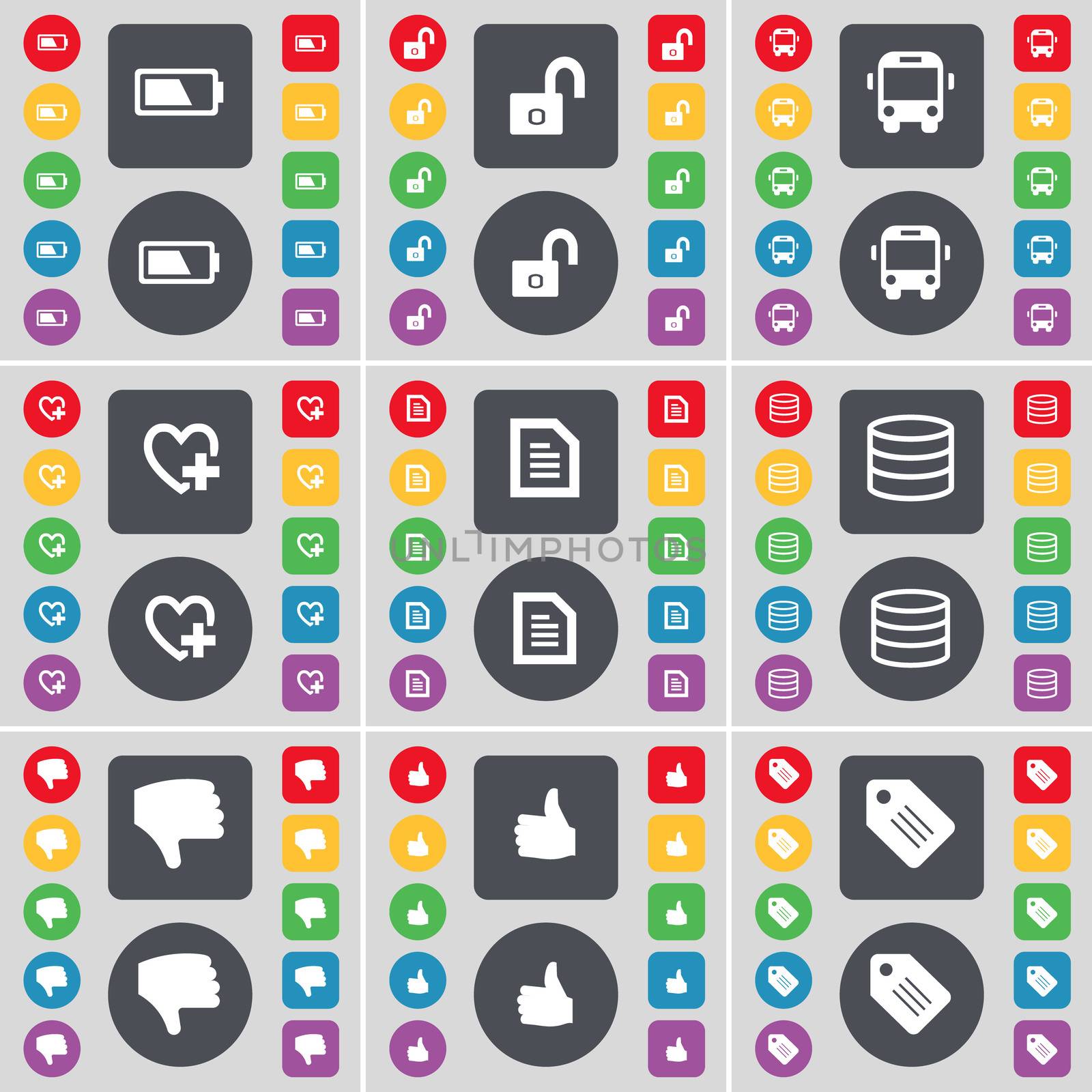 Battery, Lock, Bus, Heart, Text file, Database, Dislike, Like, Tag icon symbol. A large set of flat, colored buttons for your design. illustration