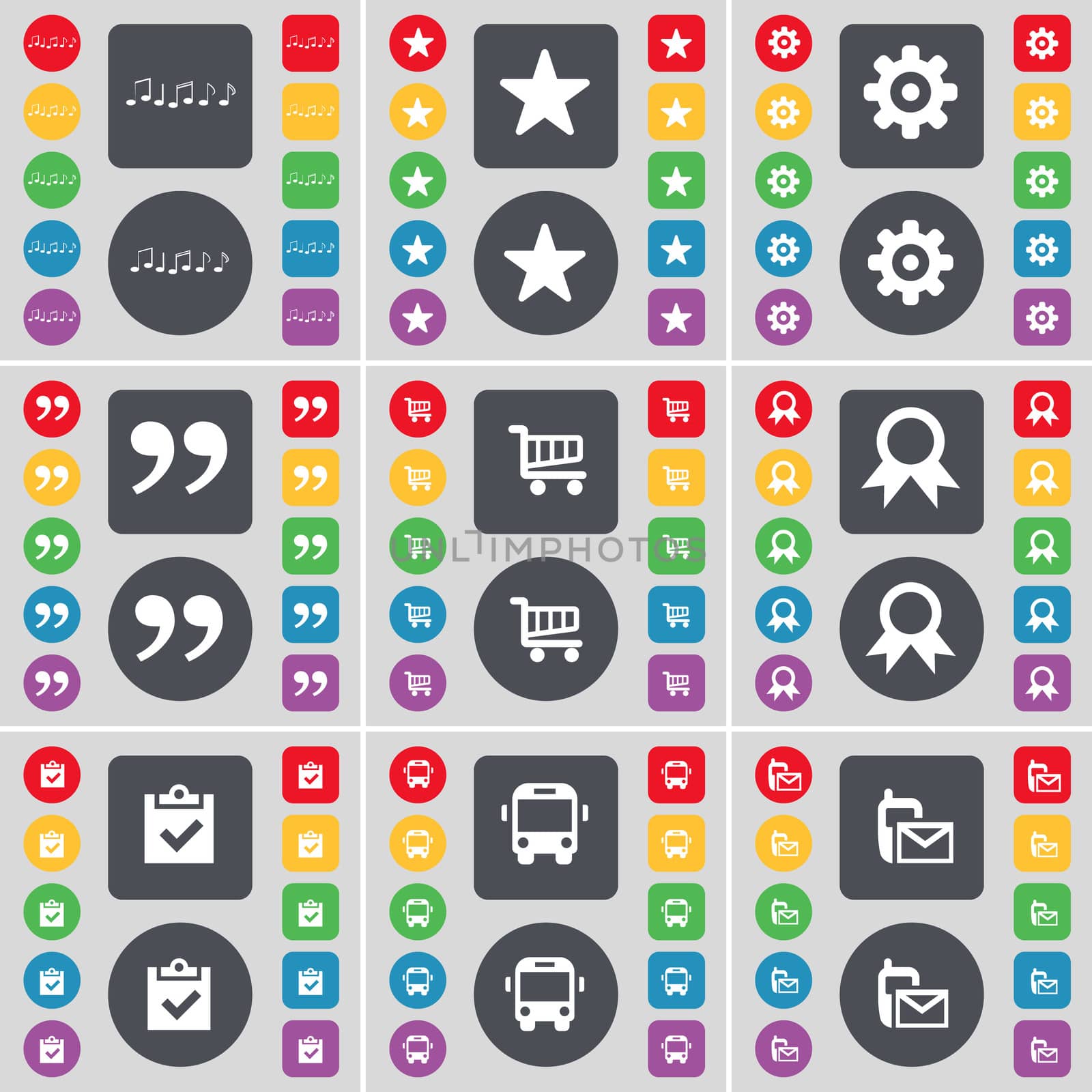 Note, Star, Gear, Quotation mark, Shopping cart, Medal, Survey, Bus, SMS icon symbol. A large set of flat, colored buttons for your design. illustration