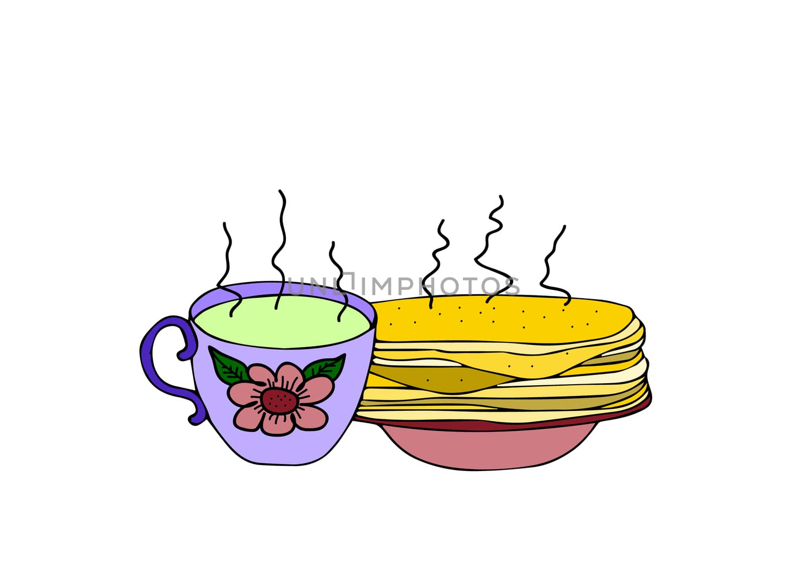 illustration of a cup of tea and pancakes