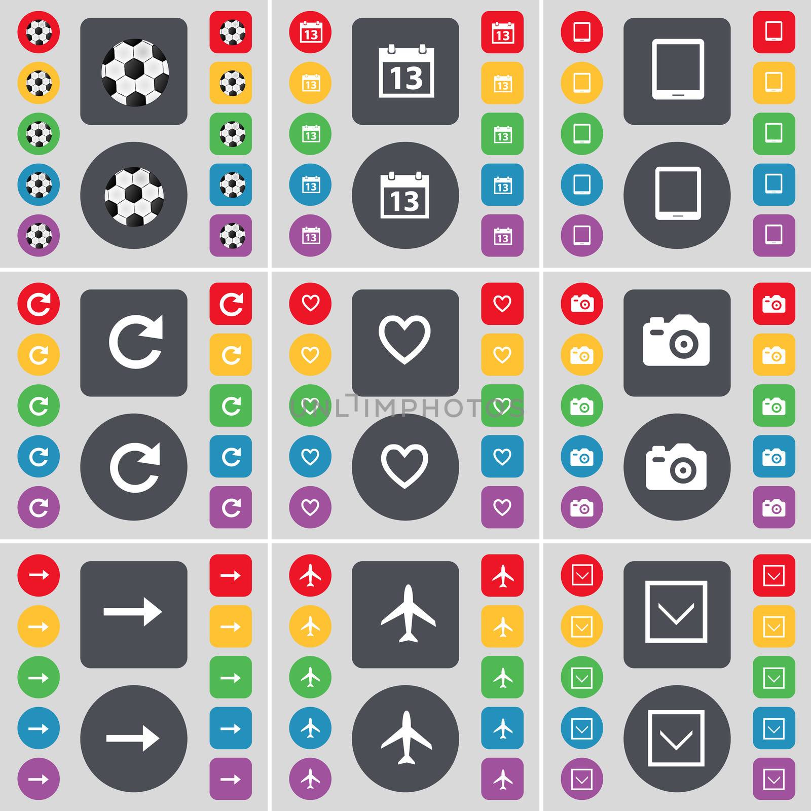 Ball, Calendar, Tablet PC, Reload, Heart, Camera, Arrow right, Airplane, Arrow down icon symbol. A large set of flat, colored buttons for your design.  by serhii_lohvyniuk