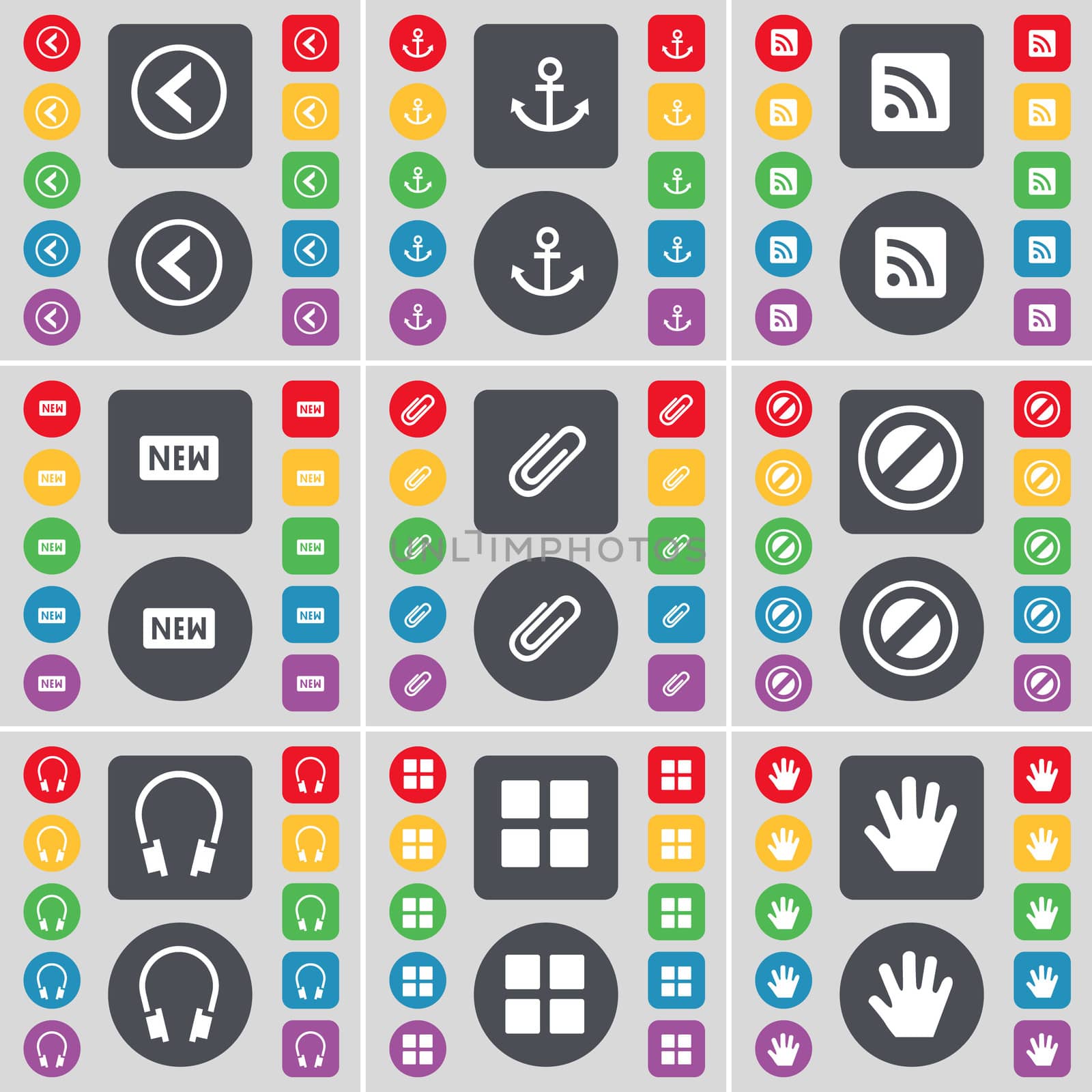 Arrow left, Anchor, RSS, New, Clip, Stop, Headphones, Apps, Hand icon symbol. A large set of flat, colored buttons for your design. illustration