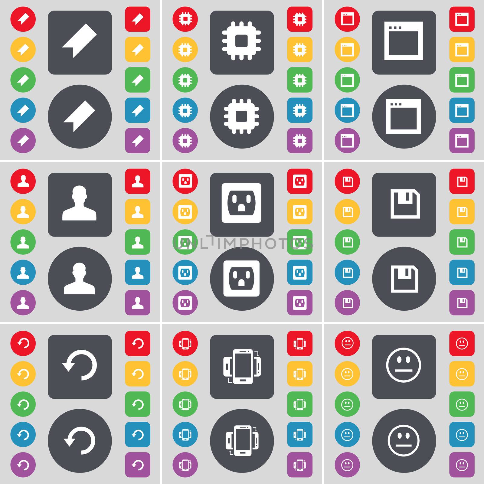 Marker, Processor, Window, Avatar, Socket, Floppy, Reload, Smartphone, Smile icon symbol. A large set of flat, colored buttons for your design. illustration