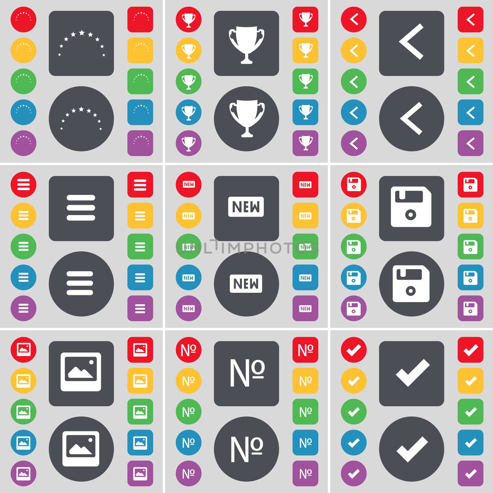 Star, Cup, Arrow left, Apps, New, Floppy, Window, Number, Tick icon symbol. A large set of flat, colored buttons for your design. illustration