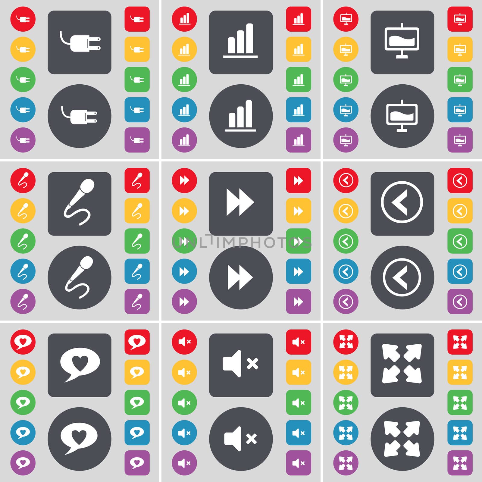 Socket, Diagram, Graph, Microphone, Rewind, Arrow left, Chat bubble, Mute, Full screen icon symbol. A large set of flat, colored buttons for your design. illustration
