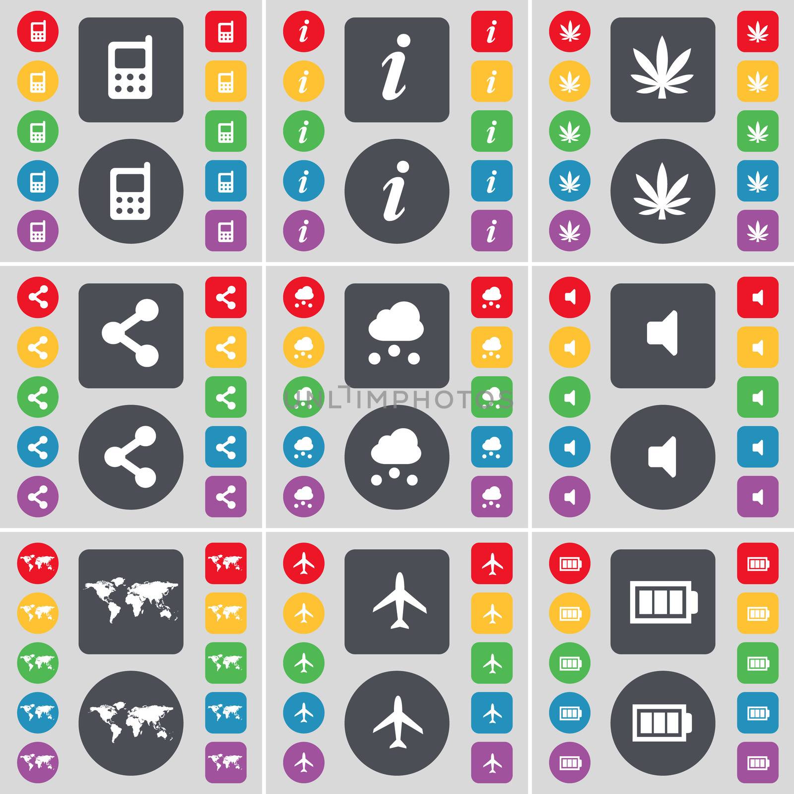Mobile phone, Information, Marijuana, Share, Cloud, Sound, Globe, Airplane, Battery icon symbol. A large set of flat, colored buttons for your design. illustration