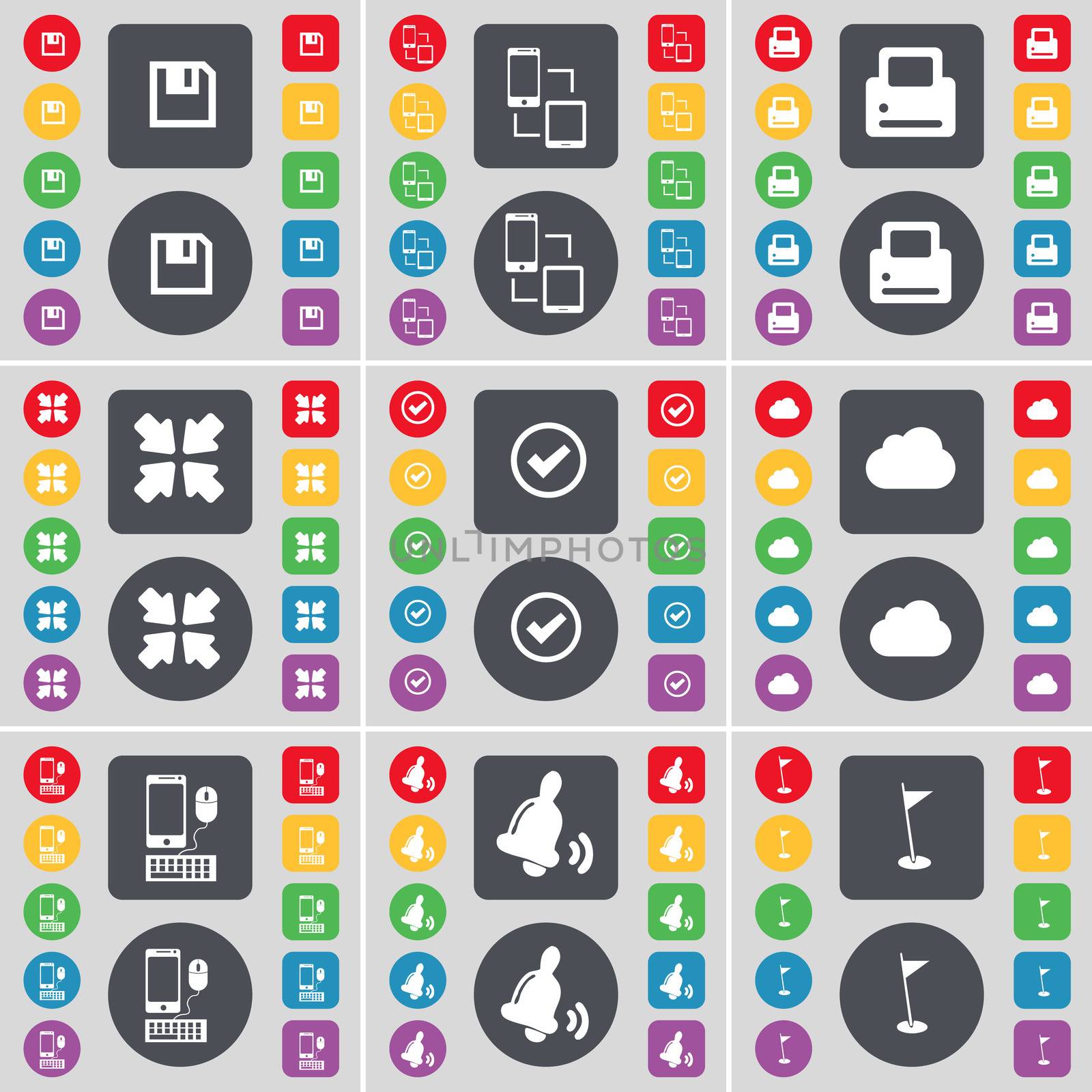 Floppy, Connection, Printer, Deploying screen, Tick, Cloud, Smartphone, Bell, Golf hole icon symbol. A large set of flat, colored buttons for your design. illustration