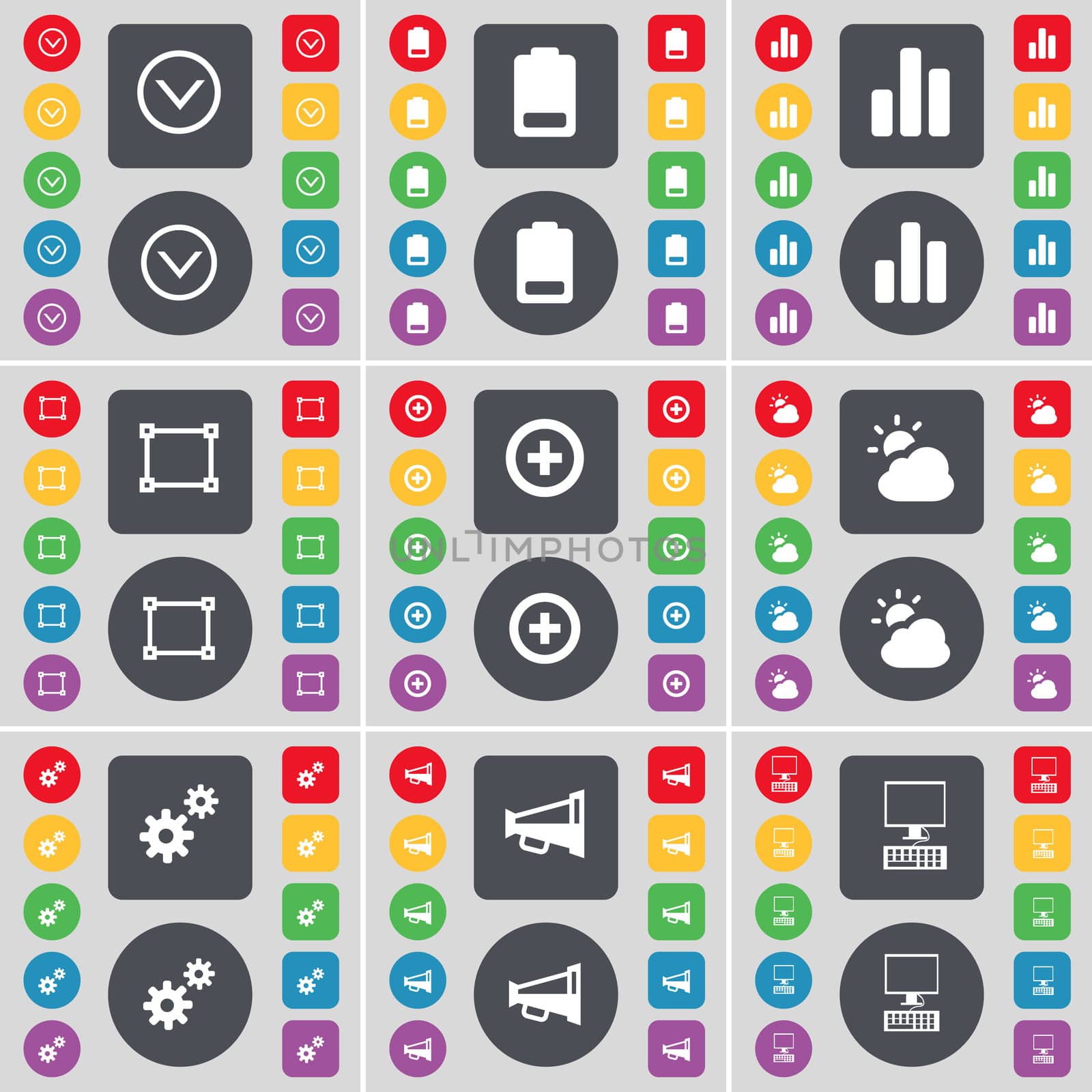 Arrow down, Battery, Diagram, Frame, Plus, Cloud, Gear, Megaphone, PC icon symbol. A large set of flat, colored buttons for your design. illustration