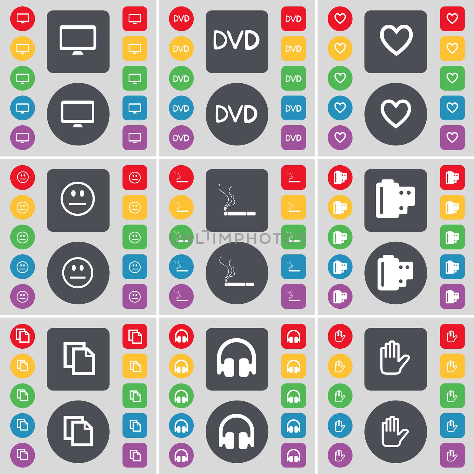 Monitor, DVD, Heart, Smile, Cigarette, Negative films, Copy, Headphones, Hand icon symbol. A large set of flat, colored buttons for your design. illustration