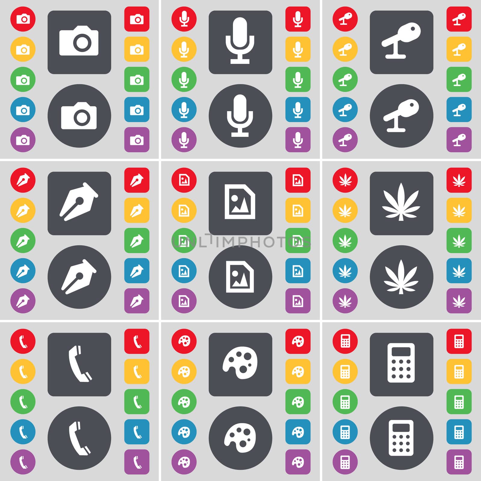 Camera, Microphone, Ink pen, Media file, Marijuana, Receiver, Palette, Calculator icon symbol. A large set of flat, colored buttons for your design. illustration