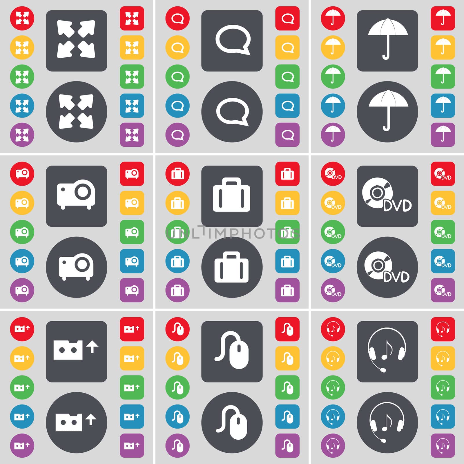 Full screen, Chat bubble, Umbrella, Projector, Suitcase, DVD, Cassette, Mouse, Headphones icon symbol. A large set of flat, colored buttons for your design. illustration