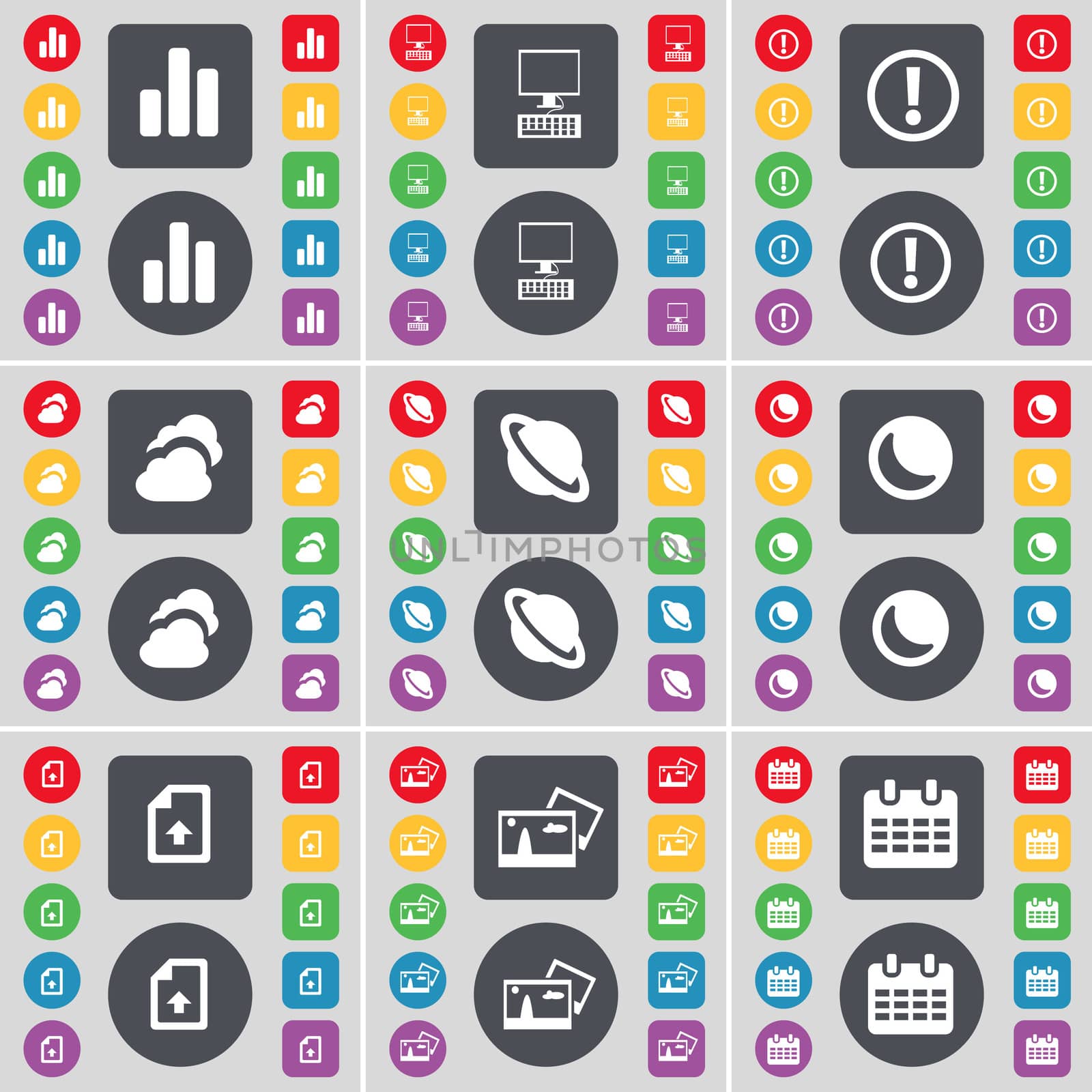 Diagram, PC, Warning, Cloud, Planet, Moon, Upload file, Picture, Calendar icon symbol. A large set of flat, colored buttons for your design. illustration