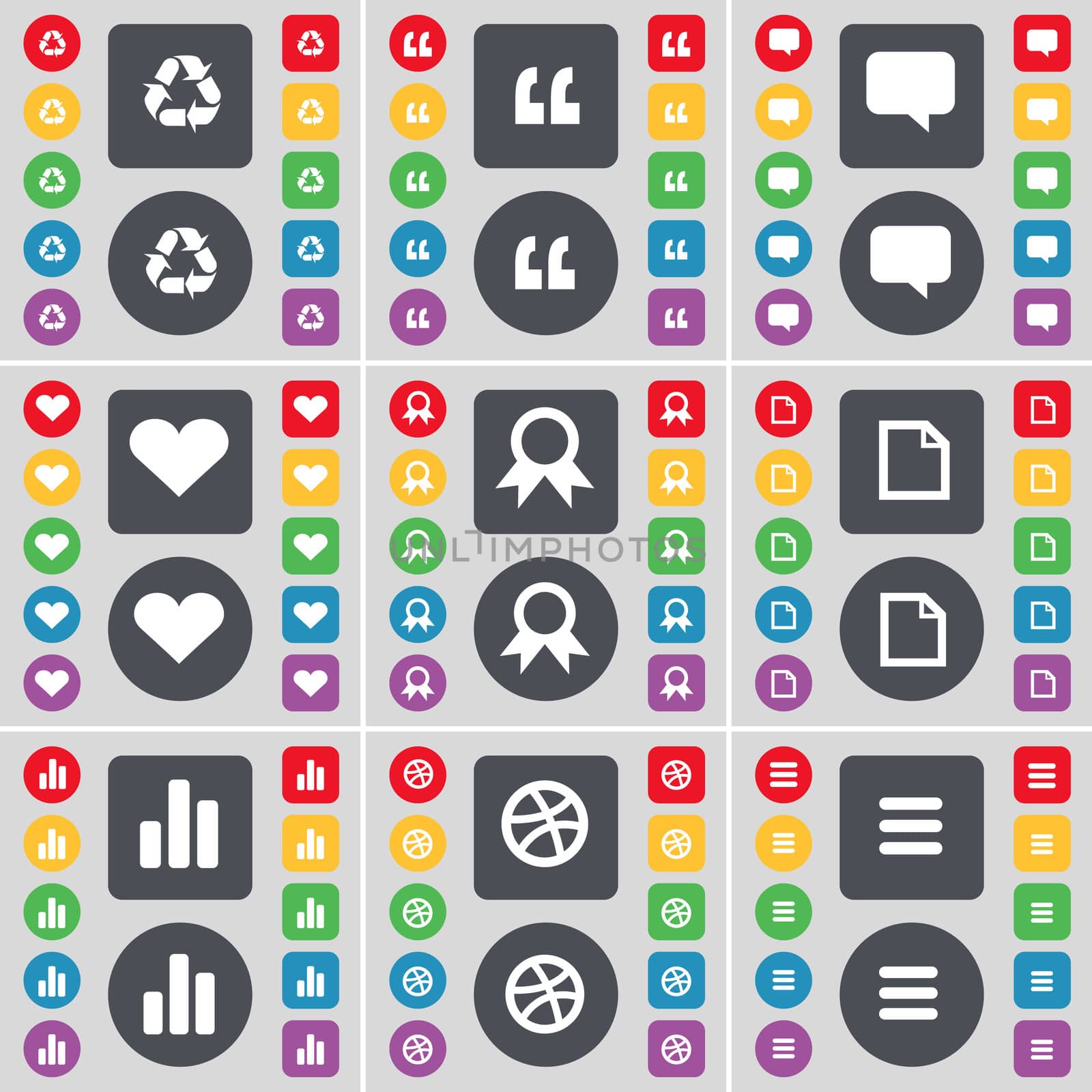 Recycling, Quotation mark, Chat bubble, Heart, Medal, File, Diagram, Ball, Apps icon symbol. A large set of flat, colored buttons for your design. illustration