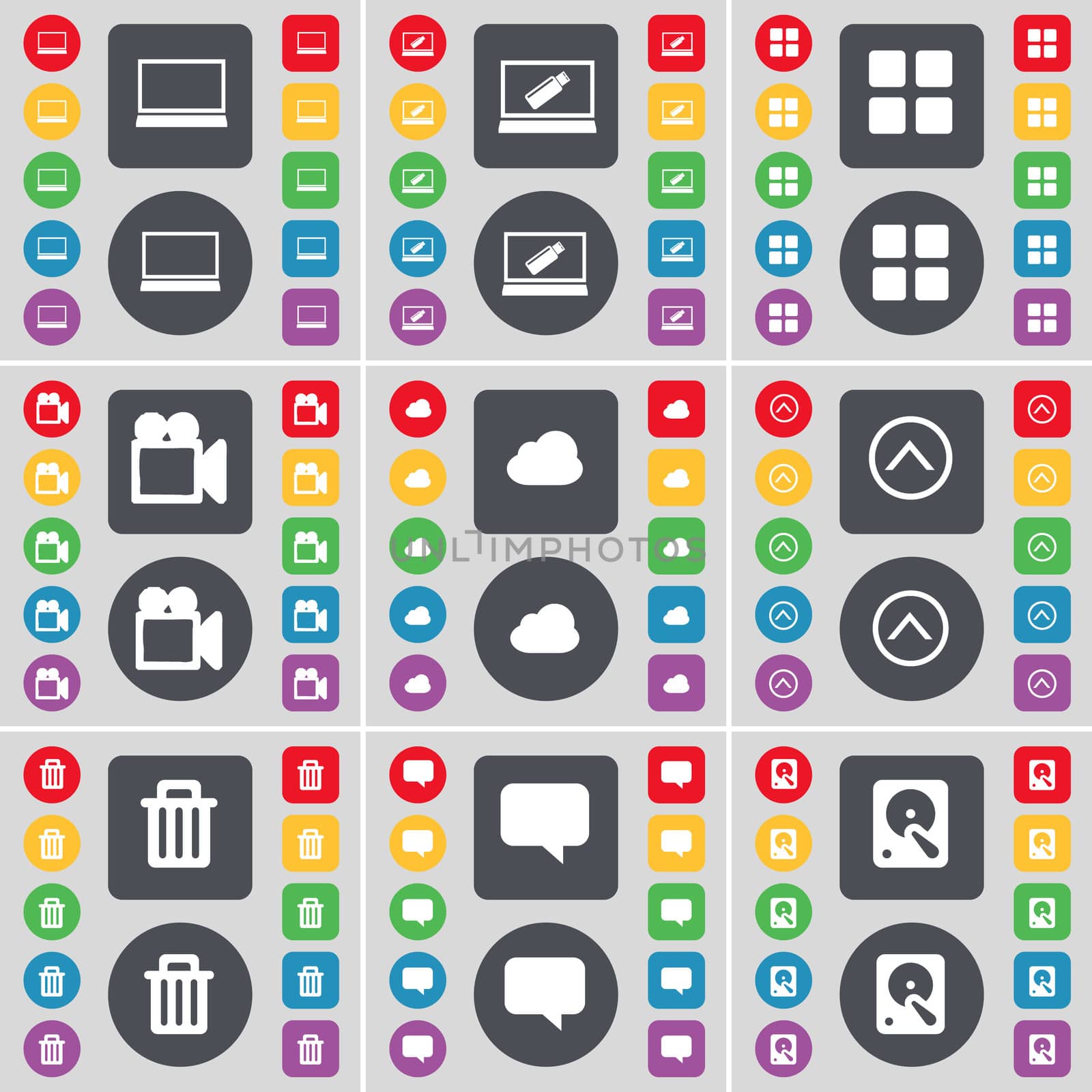 Laptop, Apps, Film camera, Cloud, Arrow up, Trash can, Chat bubble, Hard drive icon symbol. A large set of flat, colored buttons for your design.  by serhii_lohvyniuk